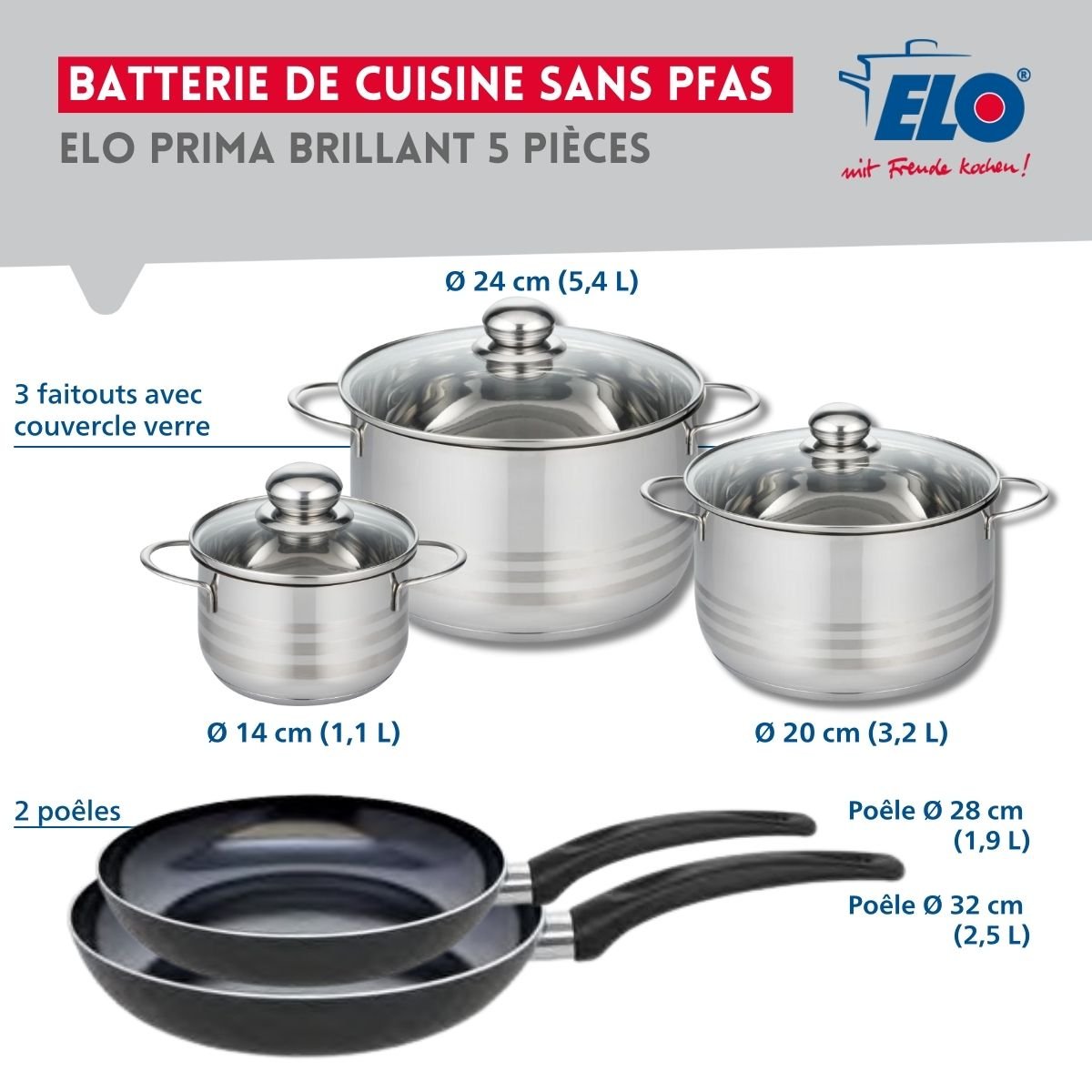 Batterie 2 poêles 28/32cm + 3 faitouts 14/20/24cm PRIMA BRILLANT noir, ELO