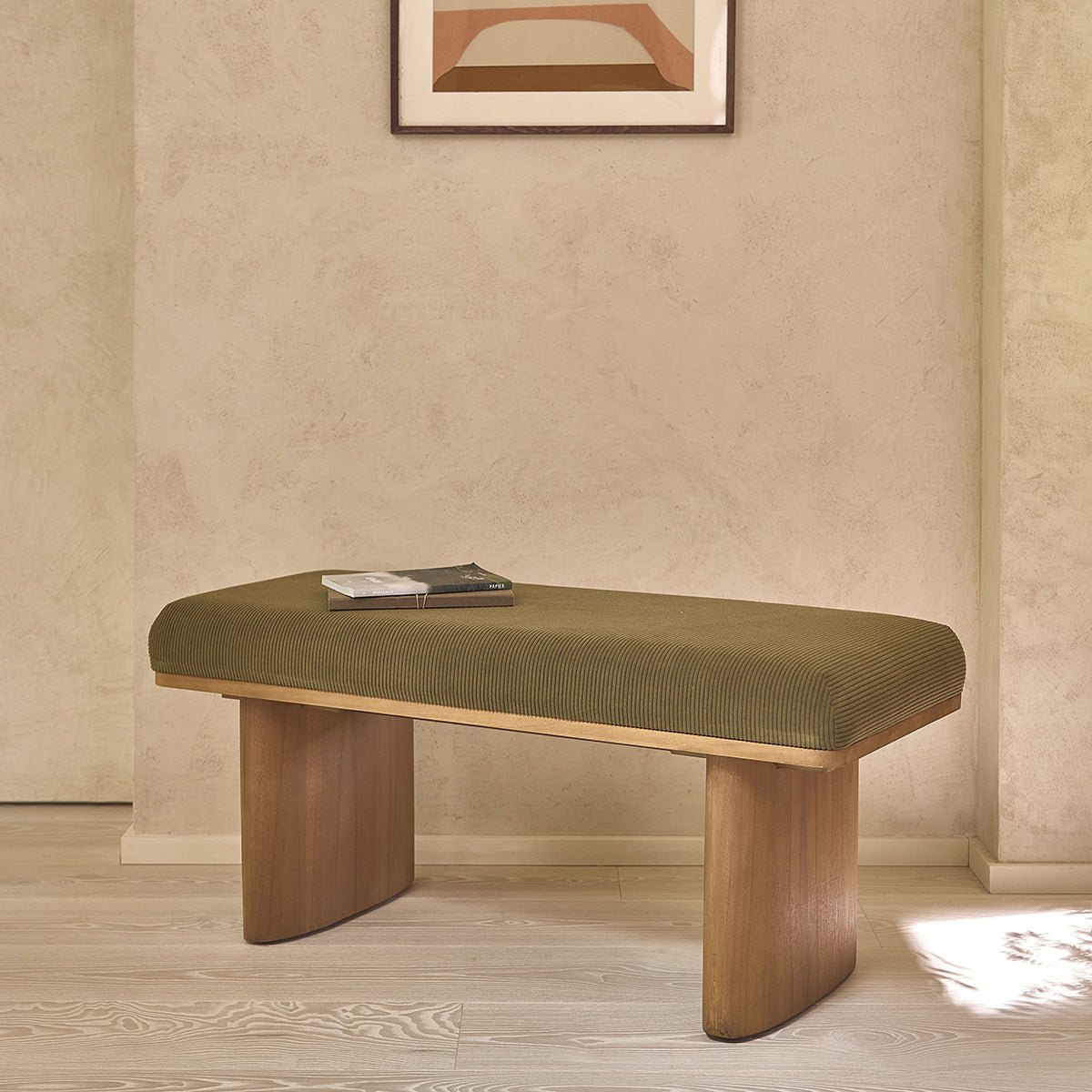 Banc en teck massif et tissu velours côtelé 100 cm  AMBRE naturel, BERAH GETAH