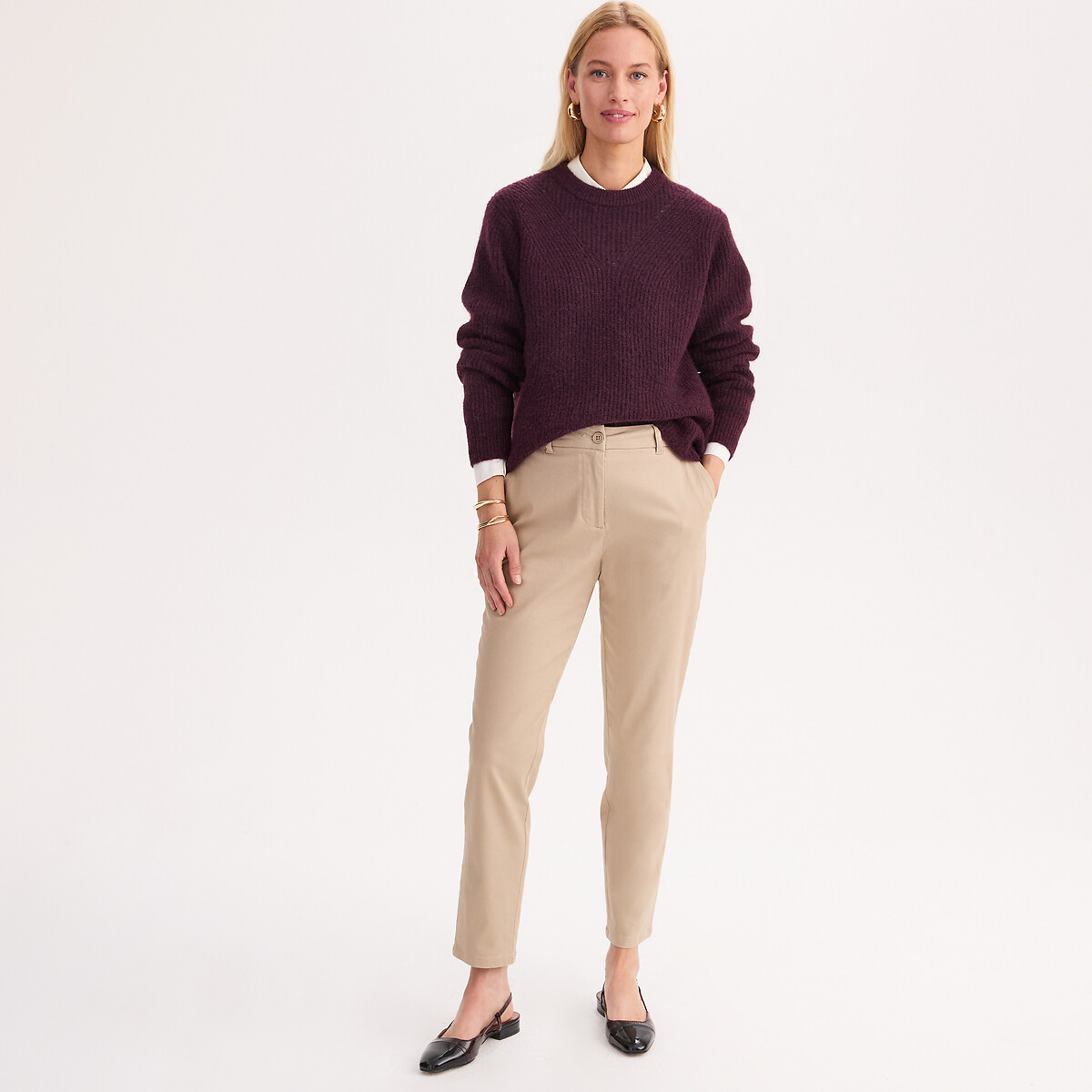 Pantaloni dritti chino, sargia stretch beige sabbia, ANNE WEYBURN