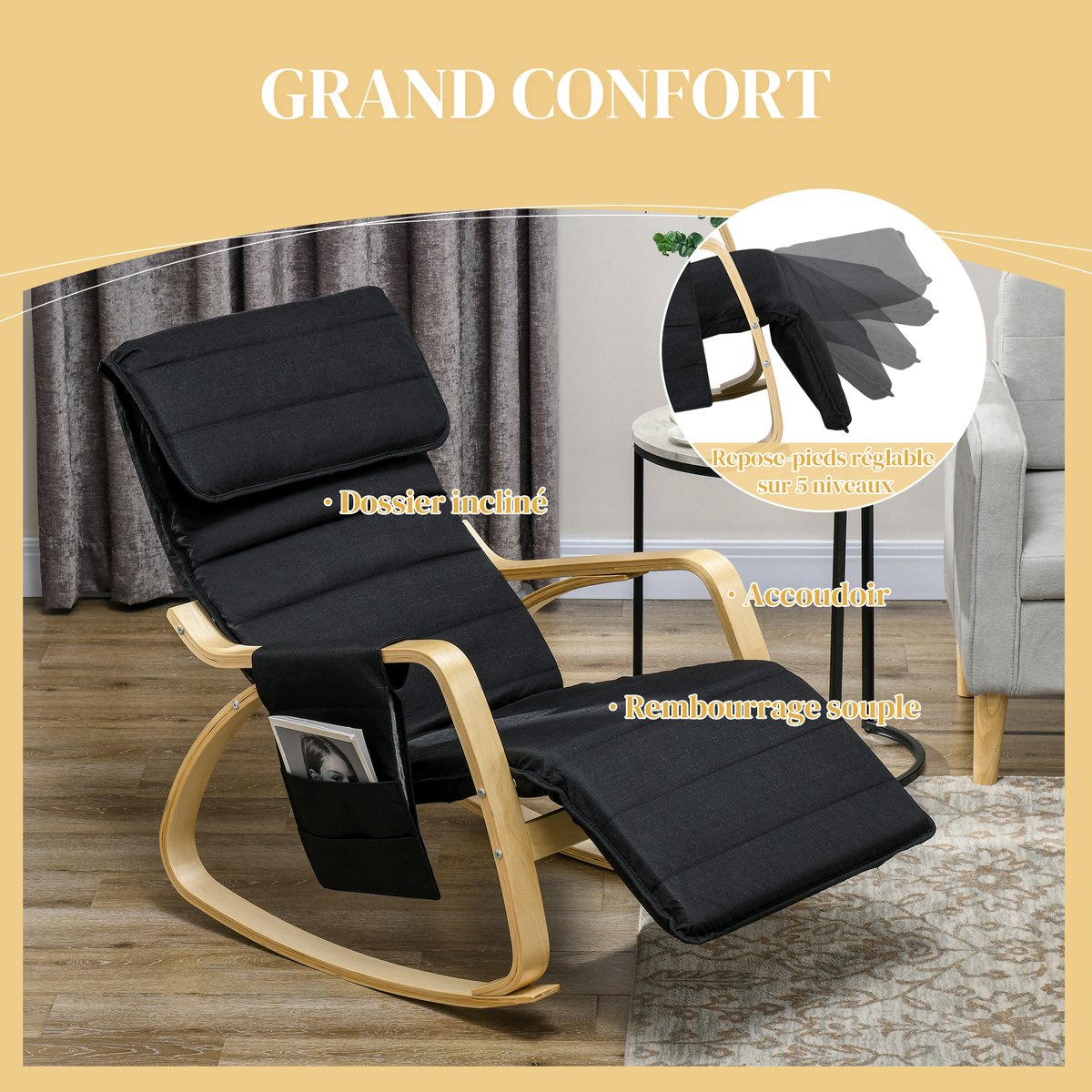 Fauteuil à bascule Lin Noir noir, HOMCOM