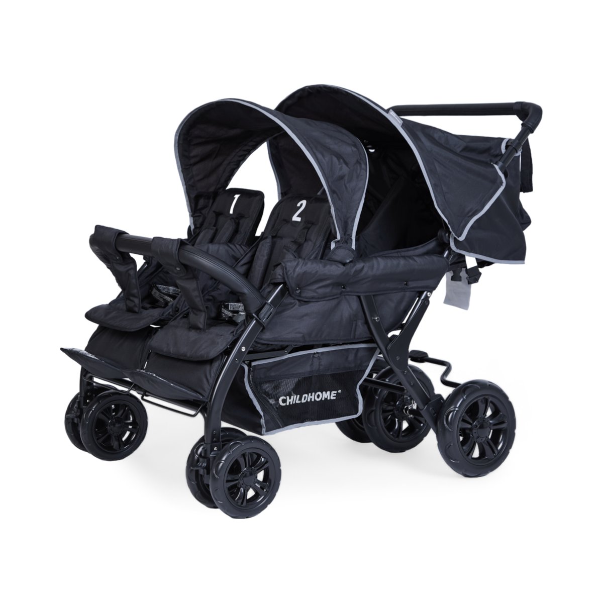 Quadruple poussette capacité 4 enfants + housse de pluie + pare-soleil noir, CHILDHOME