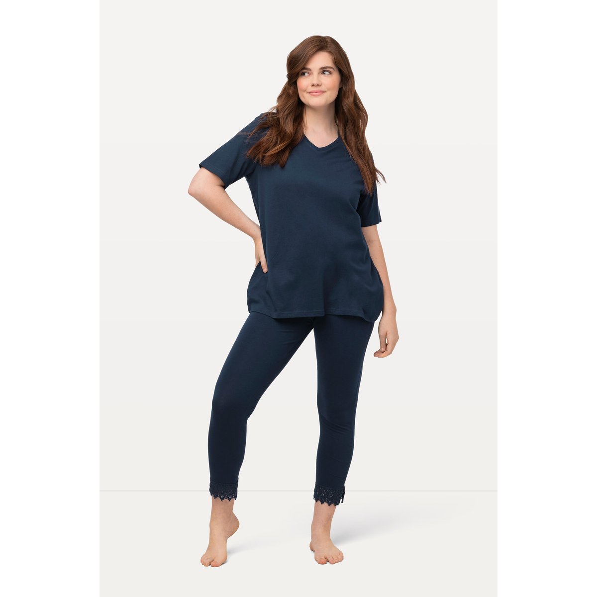 Legging 7/8, jersey coton bio, dentelle marine, ULLA POPKEN