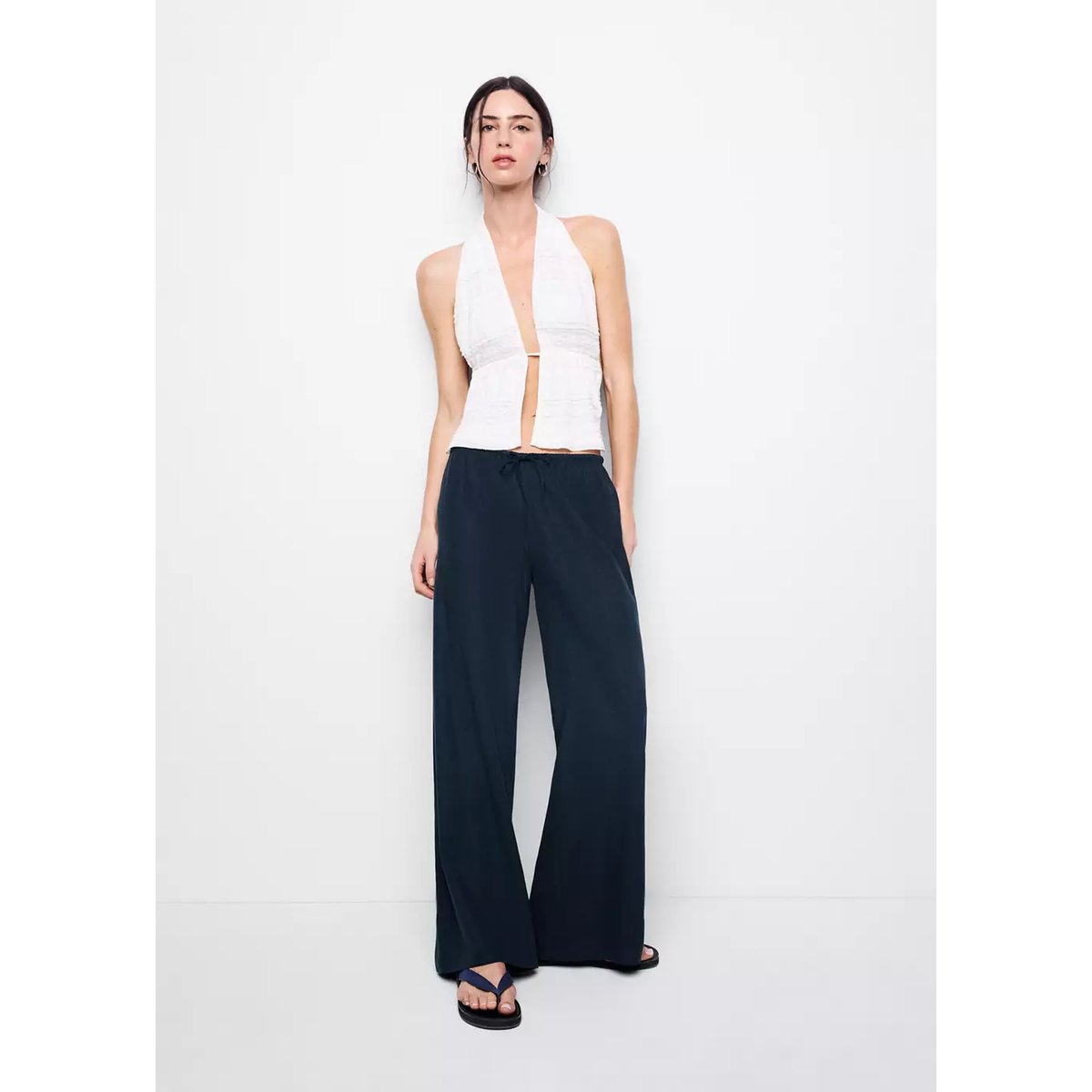 Pantalon droit lin bleu marine foncé, MANGO TEEN
