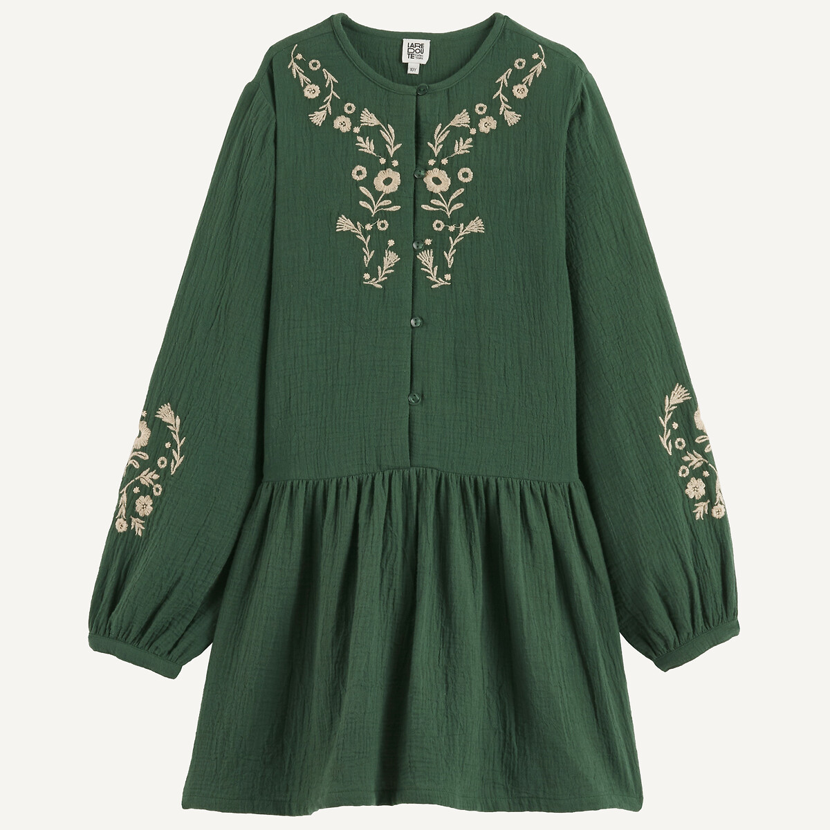 Robe à manches longues, avec broderies folk, en gaze de coton vert, LA REDOUTE COLLECTIONS