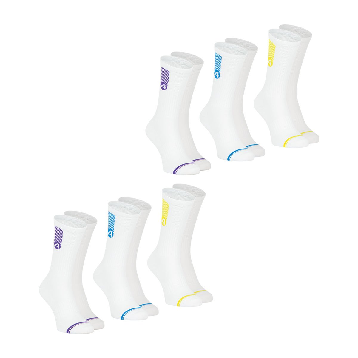 Chaussettes mi-hautes, lot de 6 paires, training dry blanc et jaune-blanc et bleu-blanc et violet, ATHENA