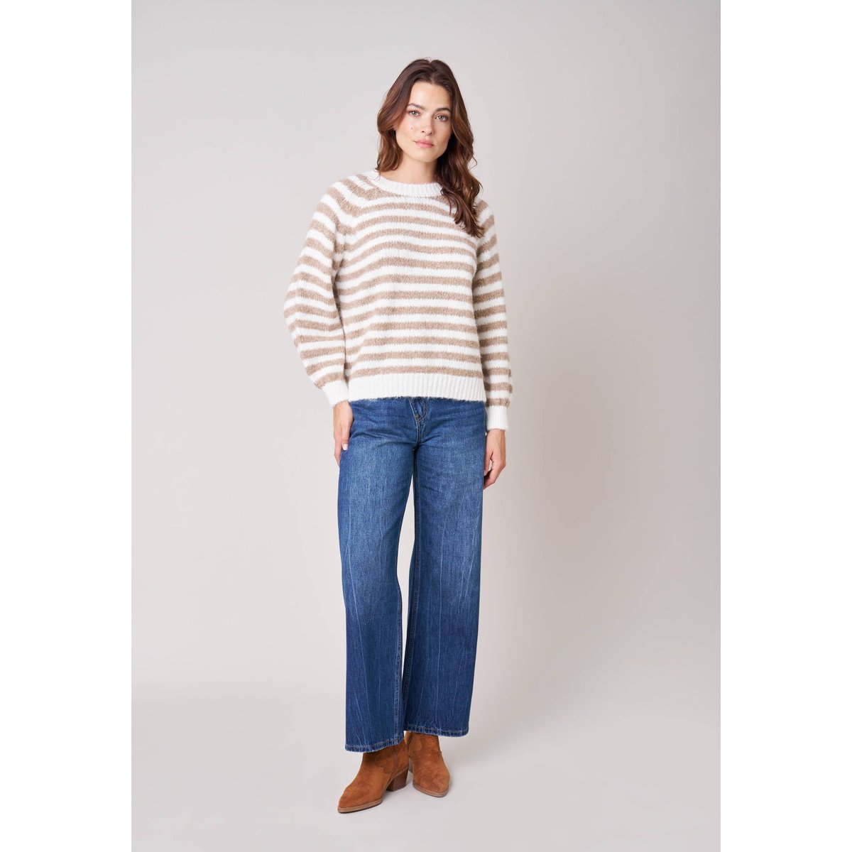 Pull femme rayé en maille douce IPHIGENIE taupe clair, DEELUXE