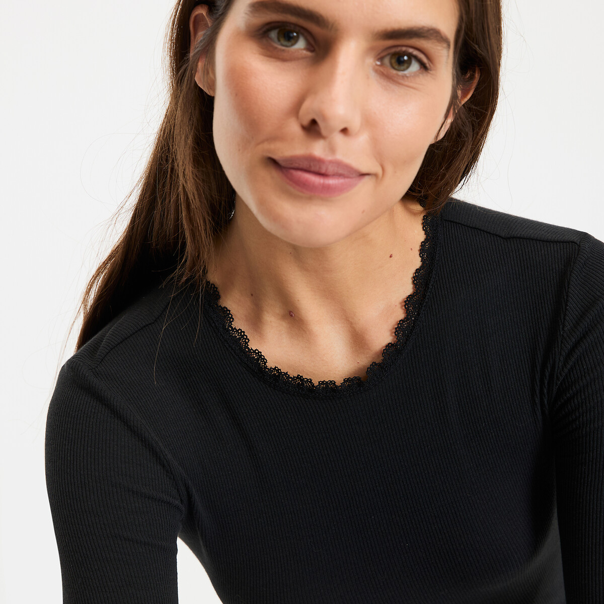 Crew Neck T-Shirt with Lace Details black, LA REDOUTE COLLECTIONS