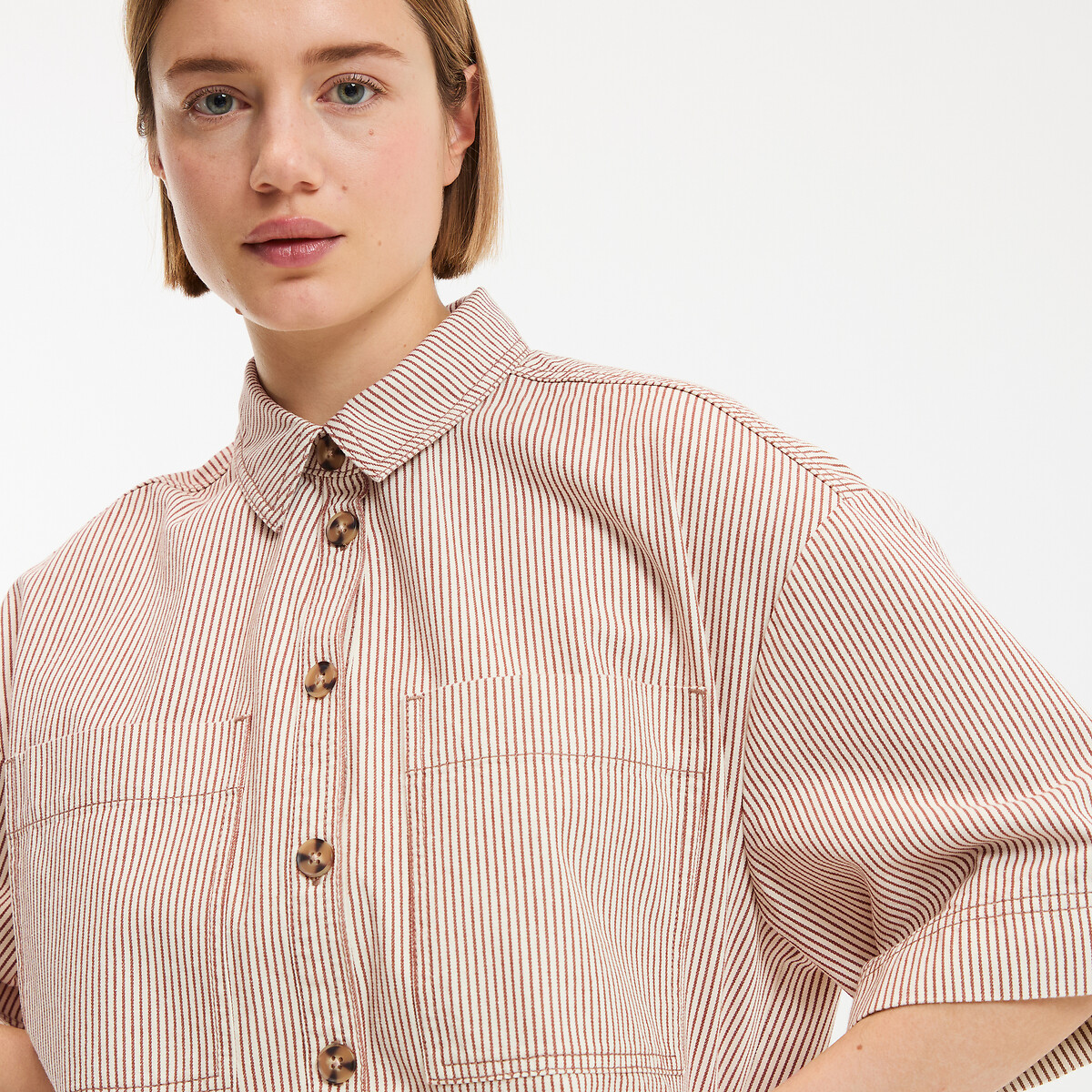 Robe courte ample à rayures en coton, Signature SARA rayé écru/marron, LA REDOUTE COLLECTIONS