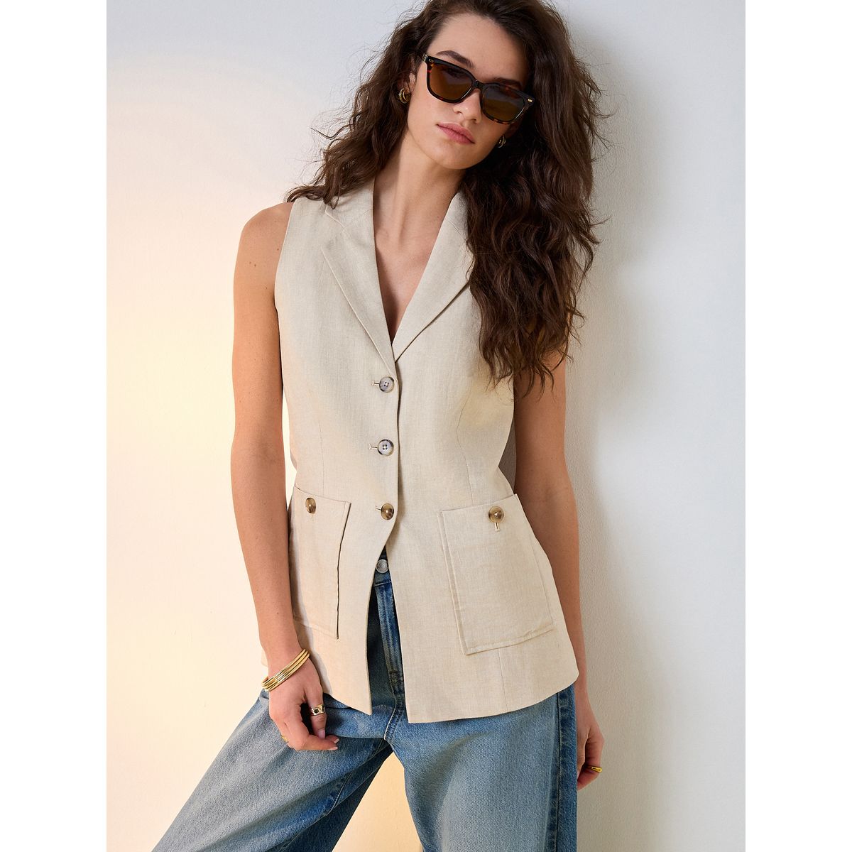 Gilet costume lin majoritaire col beige neutre, NEXT