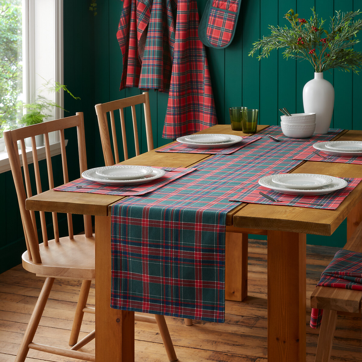 Tartan Check Christmas Cotton Reversible Dining Table Runner red/green, CATHERINE LANSFIELD