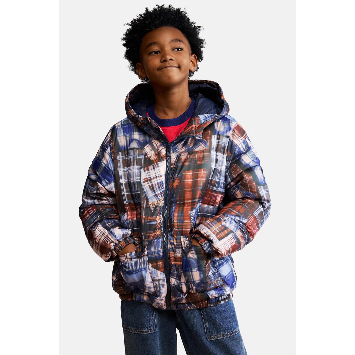 Manteau matelassé à carreaux bleu, DESIGUAL