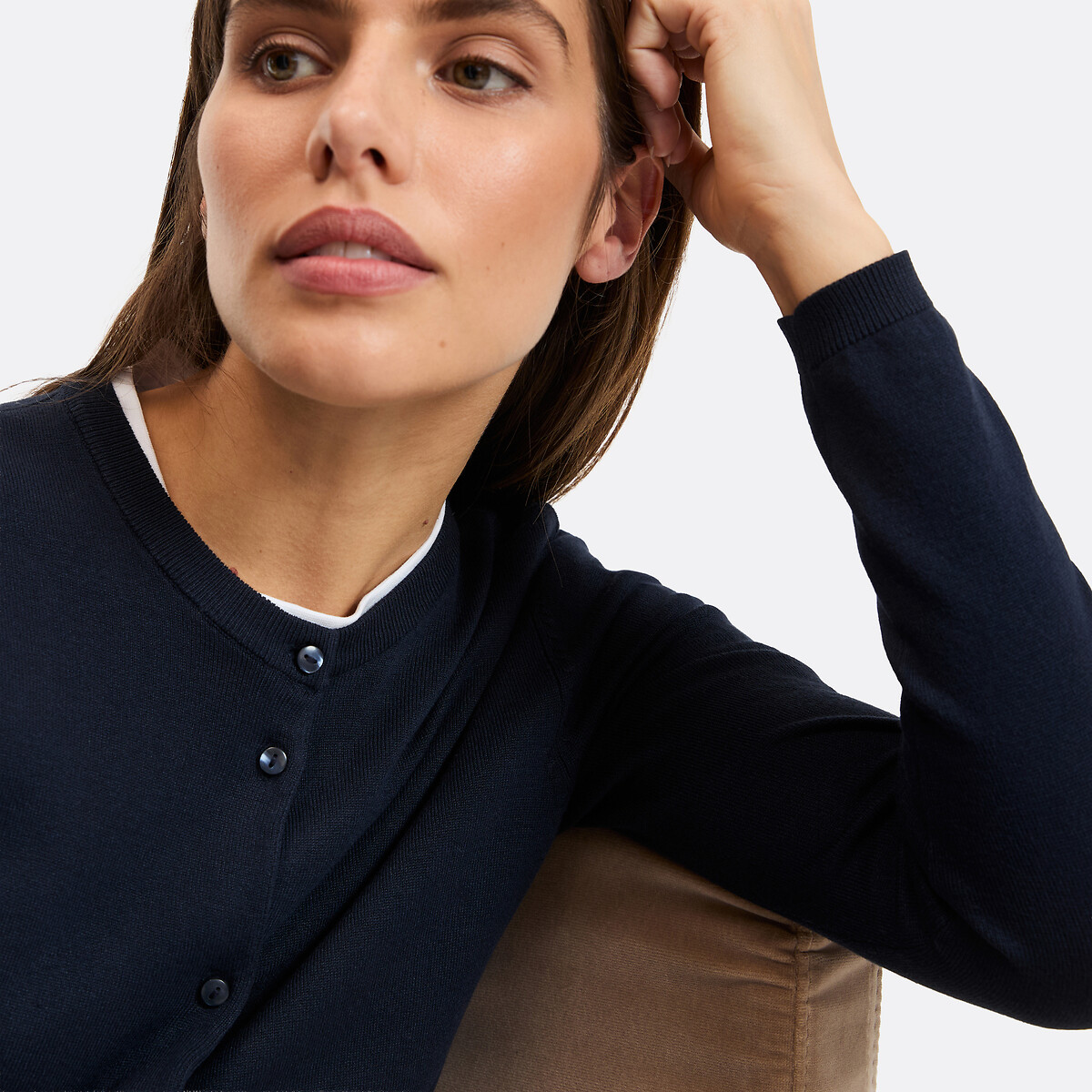 Cardigan com botões, gola redonda e malha fina marinho, LA REDOUTE COLLECTIONS
