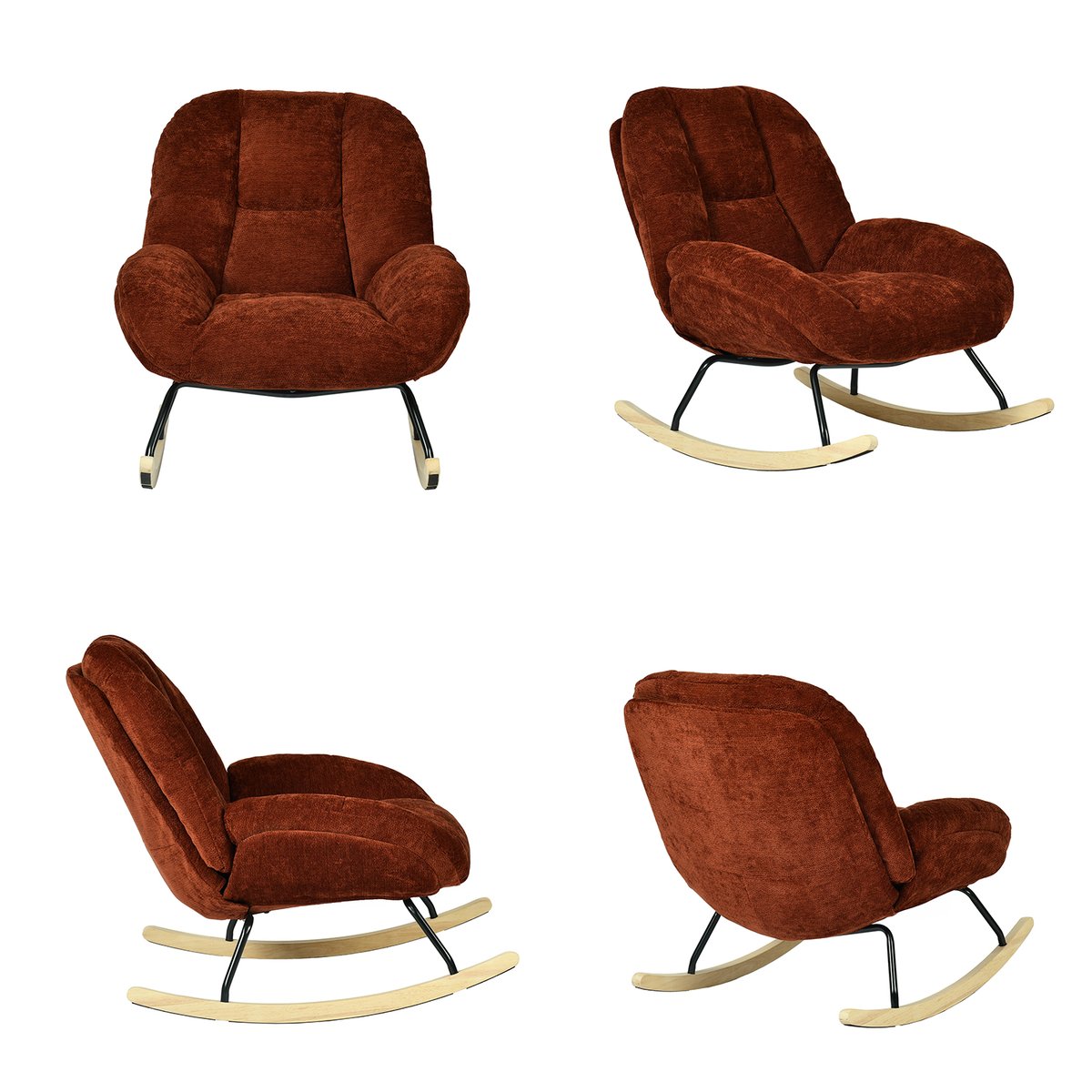 Fauteuil à bascule rocking chair en tissu chenille style scandinave, LITHOPS rouge, MEUBLES COSY