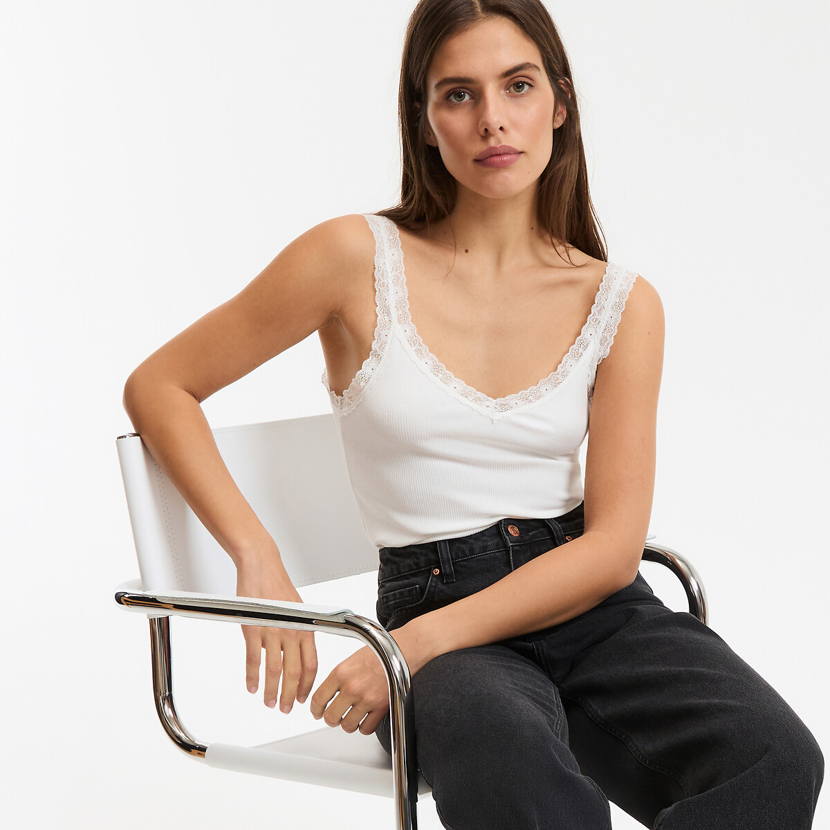 Tanktop met kanten detail en V-hals ivoor, LA REDOUTE COLLECTIONS