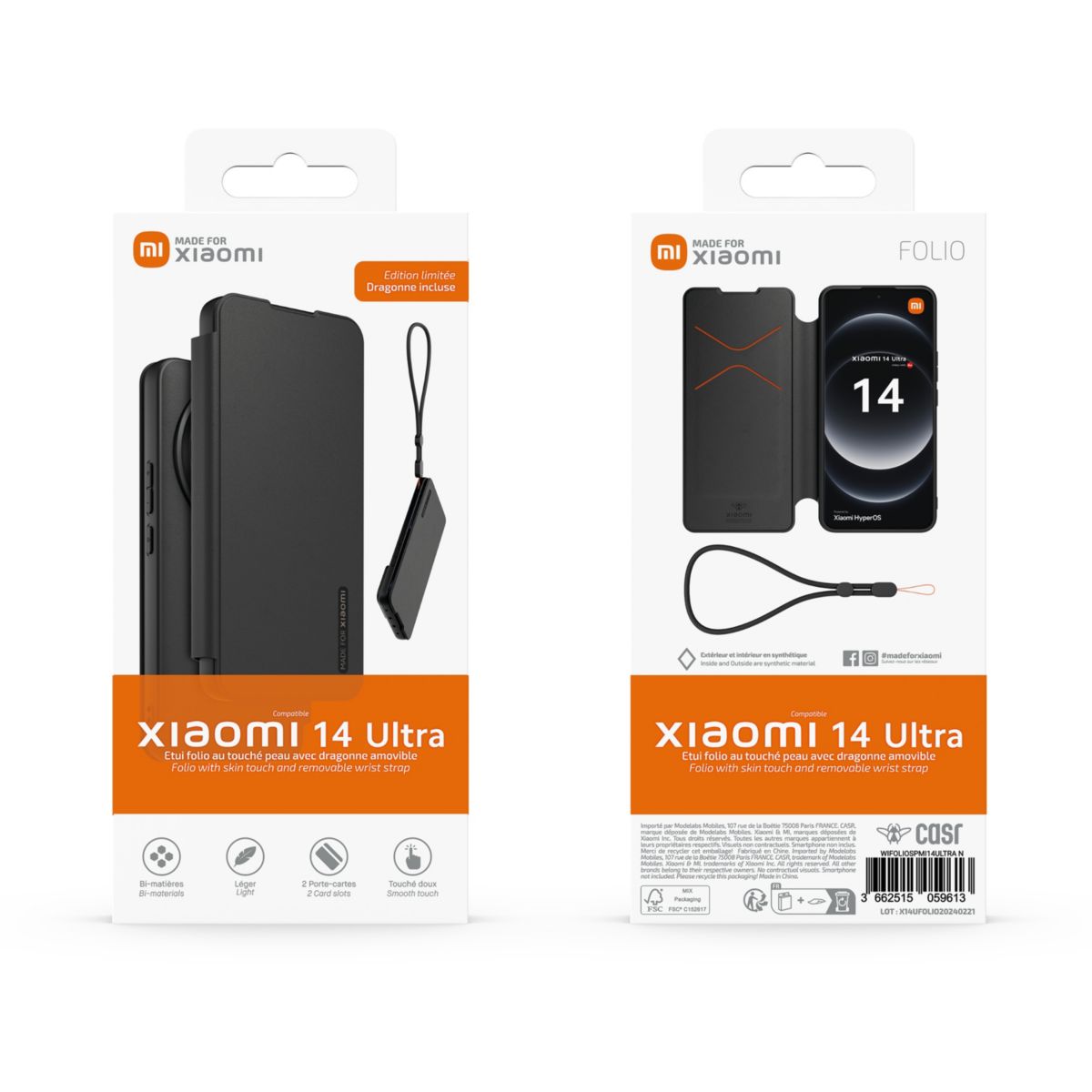 Etui Xiaomi 14 Ultra premium noir + dragonne couleur unique, MADE FOR XIAOMI