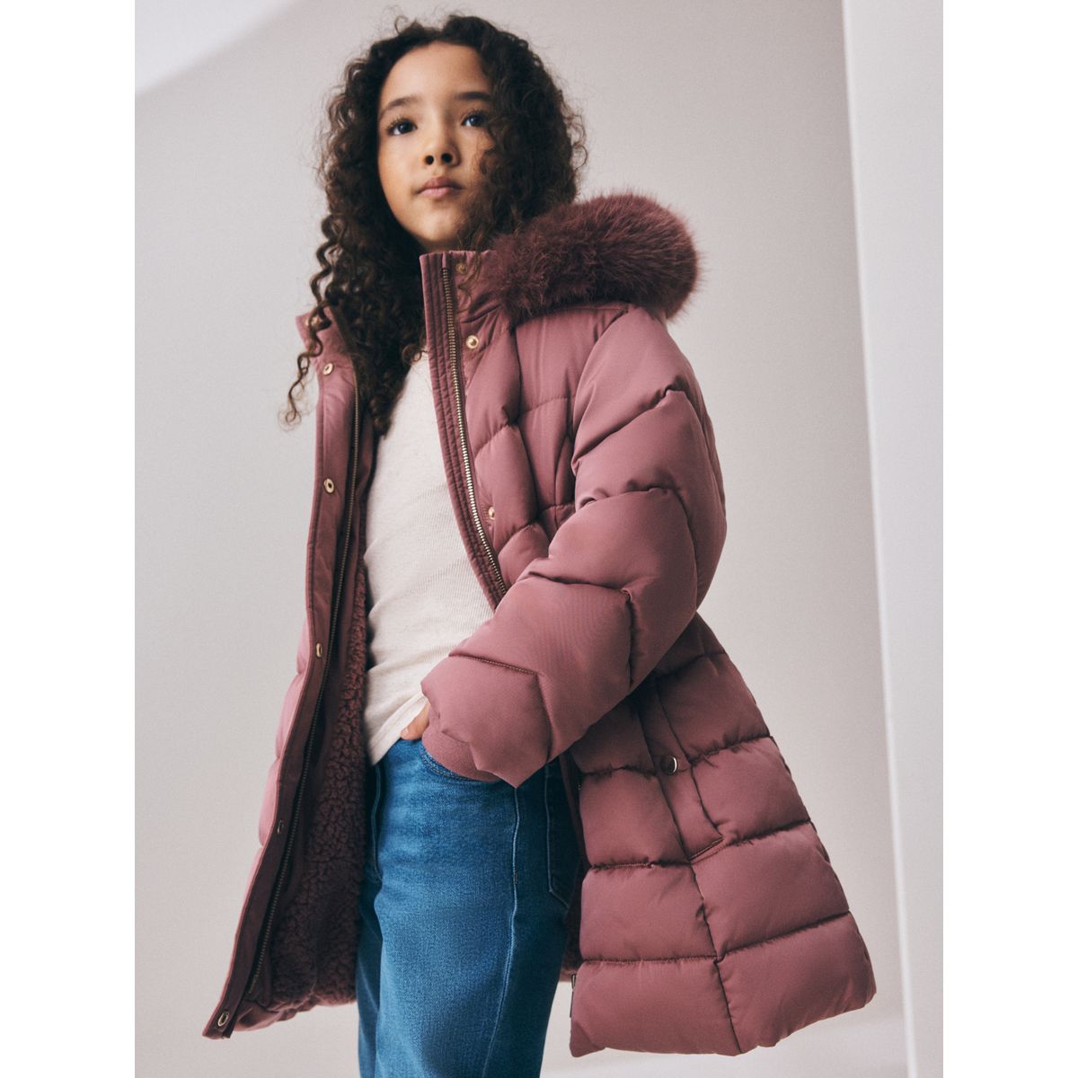 Manteau matelassé imperméable imitation fourrure rose caramel, NEXT