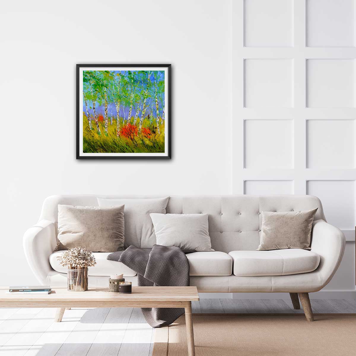 Affiche bouleaux et coquelicots affiche + cadre en bois - noir, HEXOA