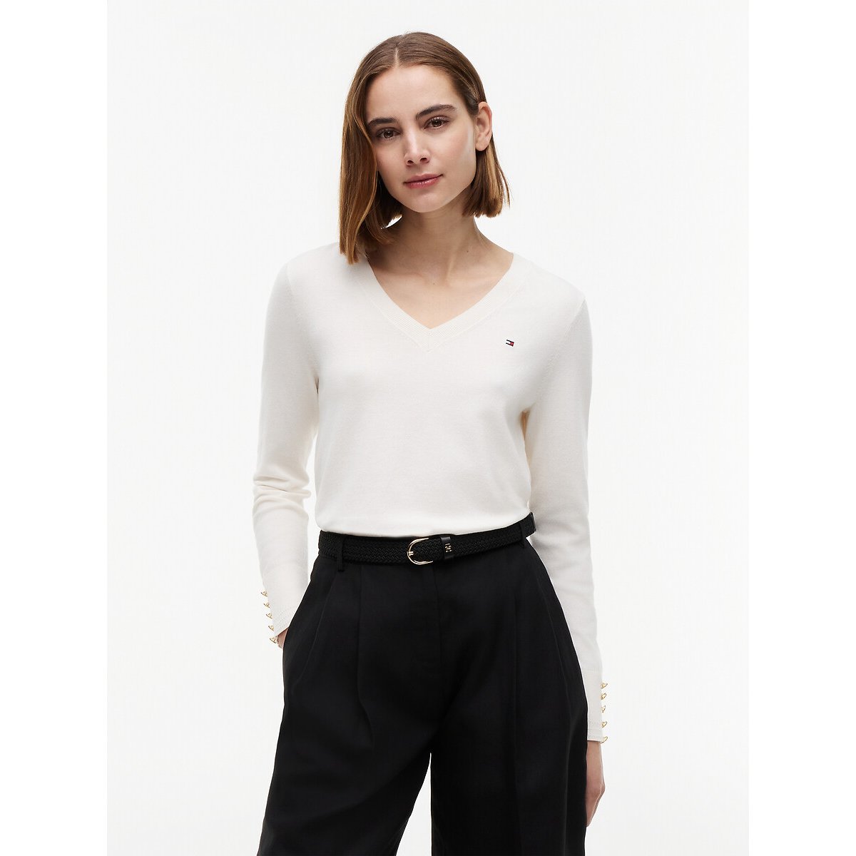 Buttoned Cuff V-Neck Jumper ivory, TOMMY HILFIGER