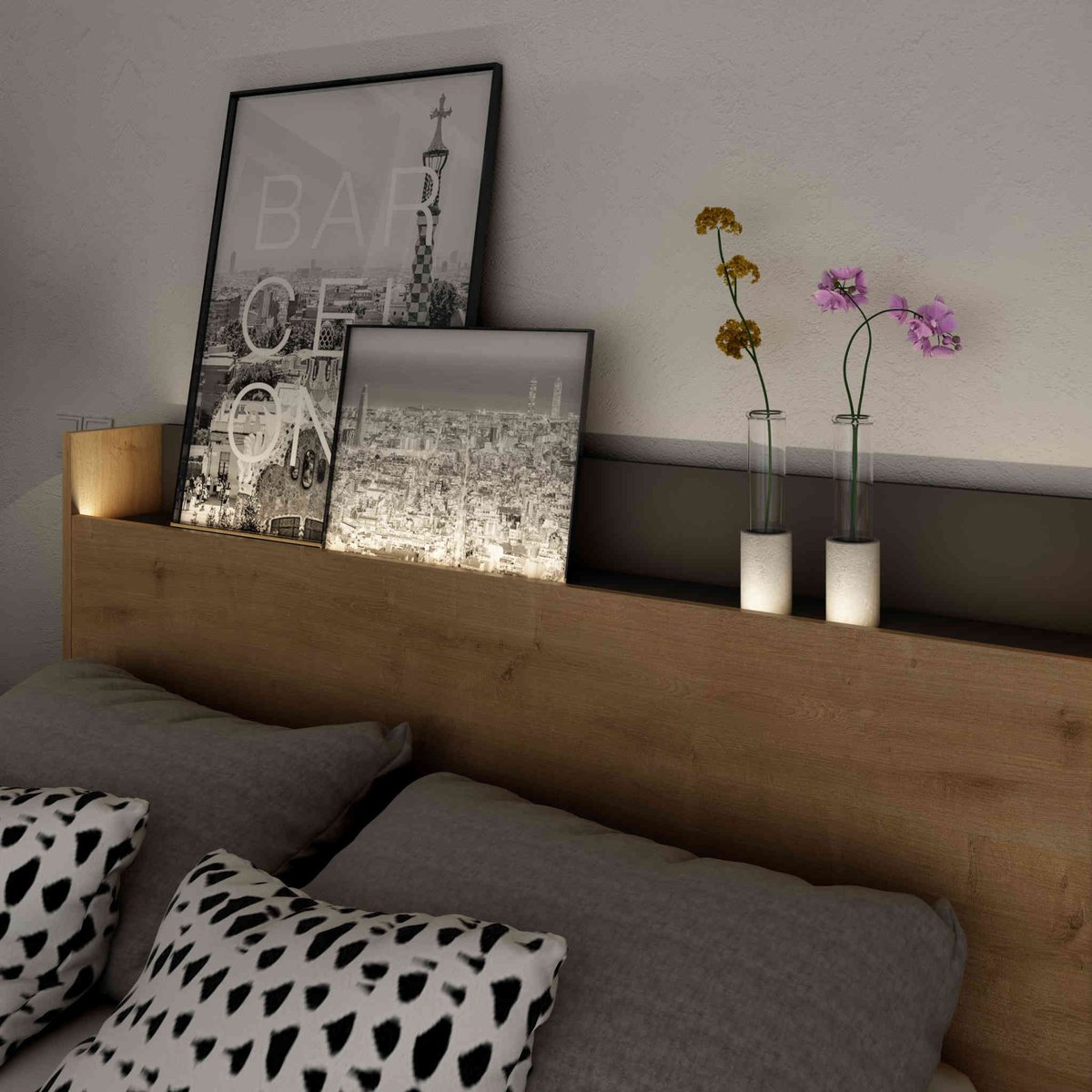 Lit en bois avec tete de lit bois naturel, TERRE DE NUIT