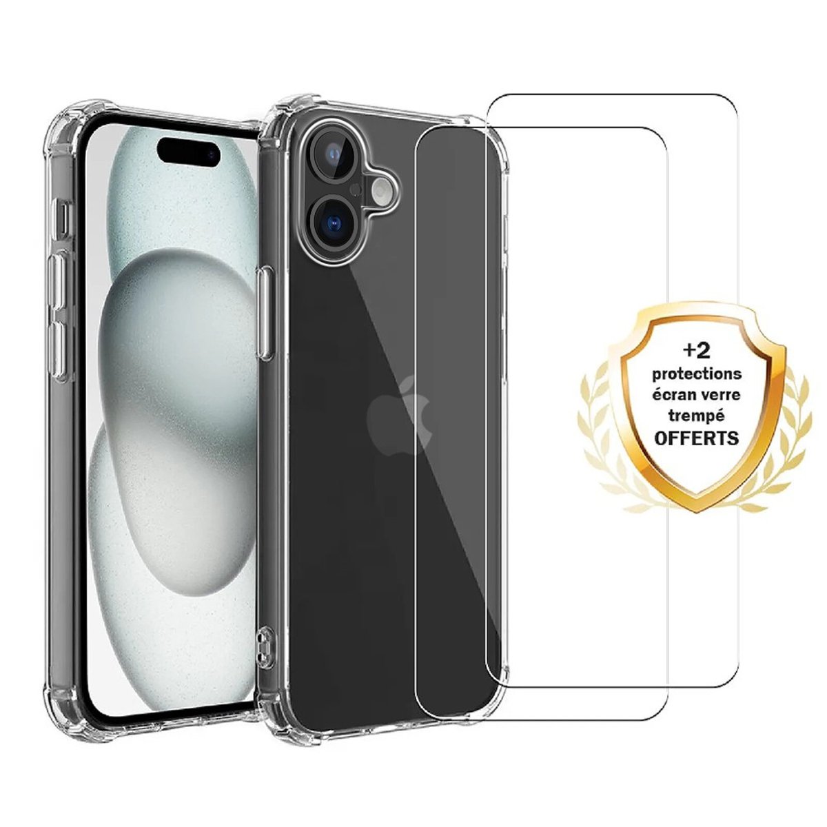 Coque iPhone 16 antichoc + 2 vitres transparent, EVETANE