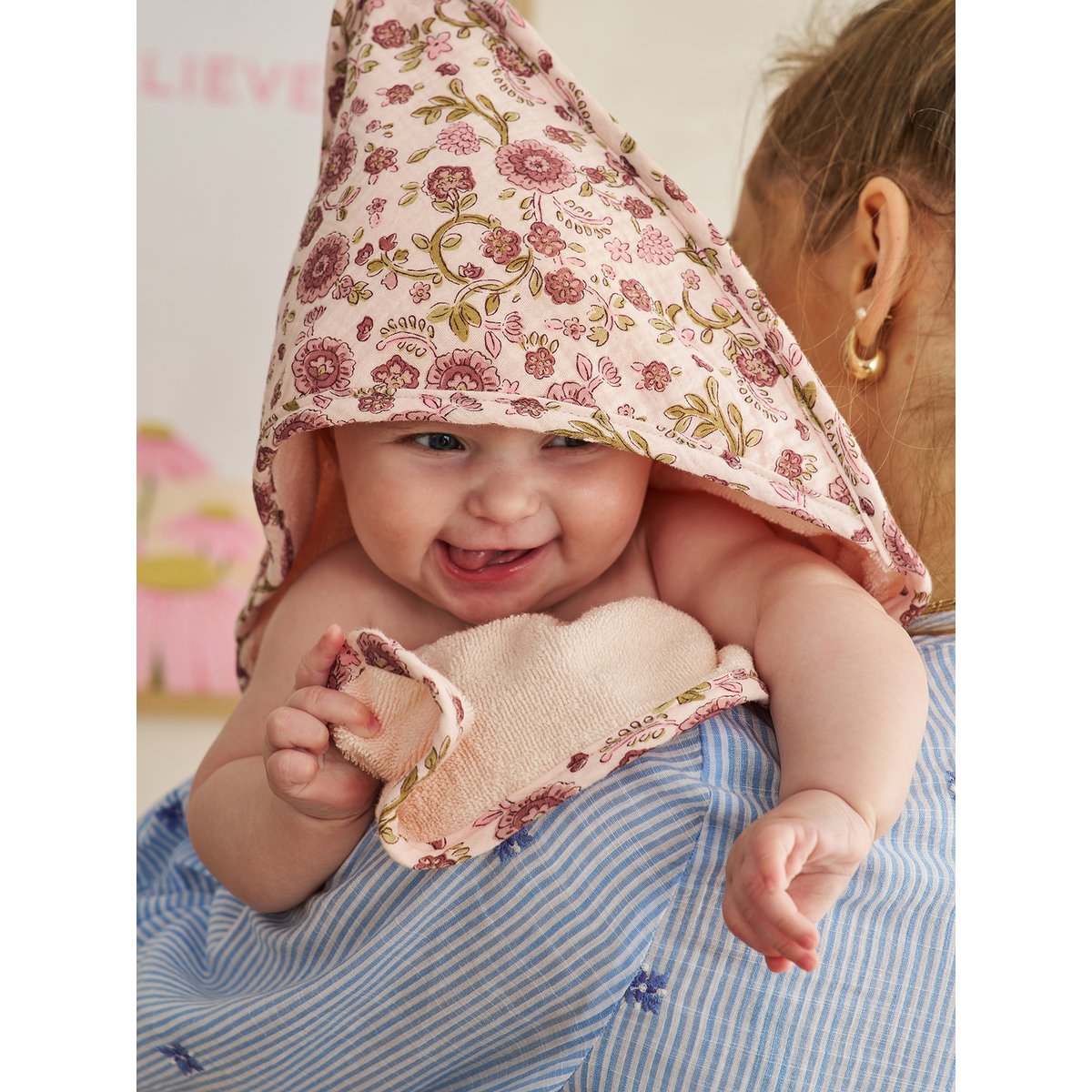 Cape de bain et gant LATIKA rose imprimé, VERTBAUDET