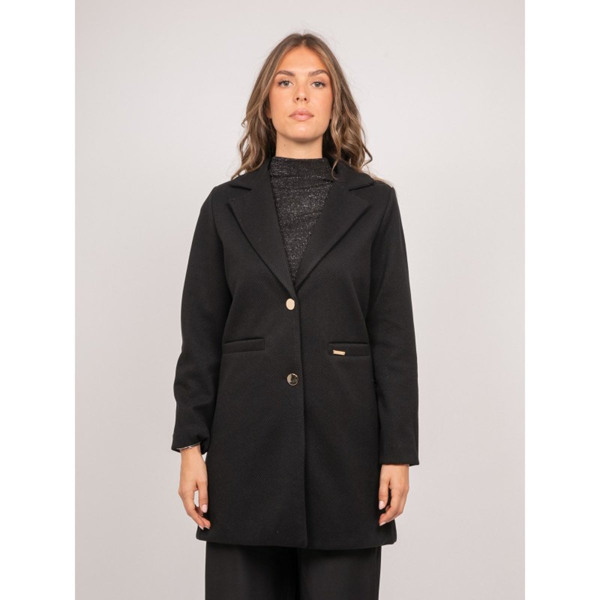 Manteau Mi-long Col Tailleur Boutons Dorés Ultema noir, DONA LISA