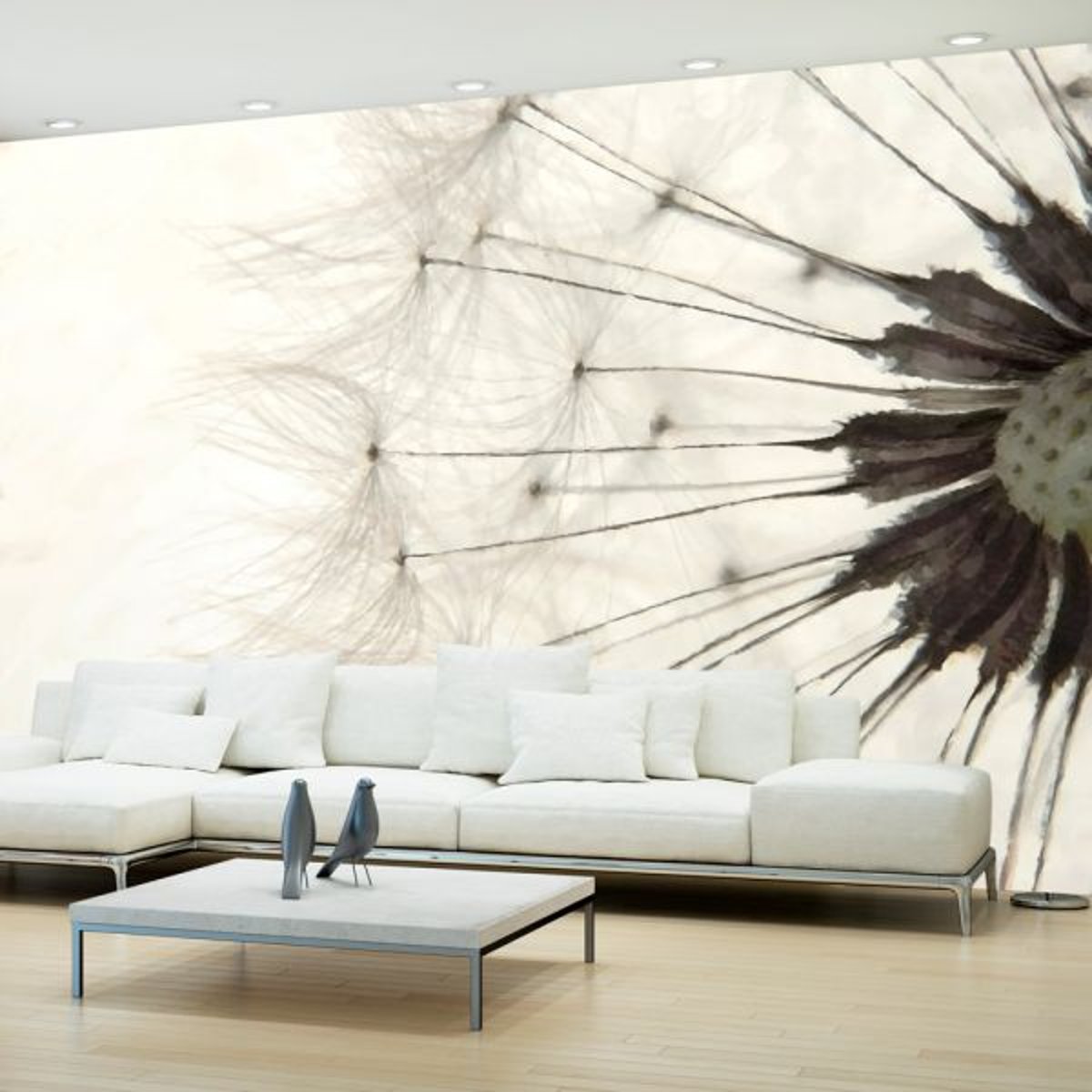 Papier peint intissé panoramique Fleurs White Dandelion gris / argent, EDEN