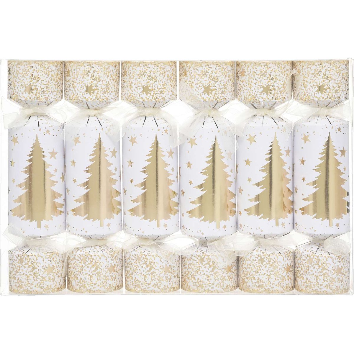 Lot de 6 crackers imprimés sapin de Noël blanc, ATMOSPHERA