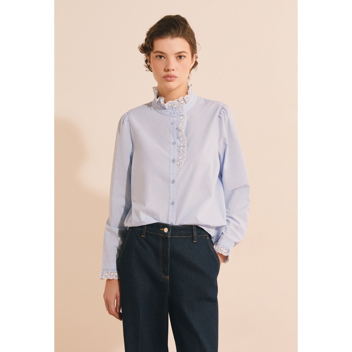 Chemise en coton avec broderie anglaise CARLY BROD bleu, ETAM