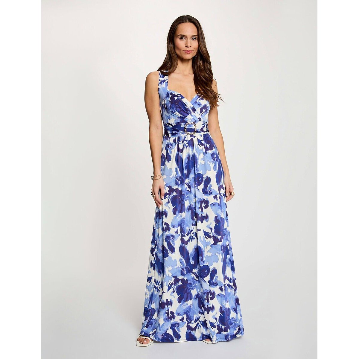 Robe longue imprimée col v imprimé bleu, MORGAN