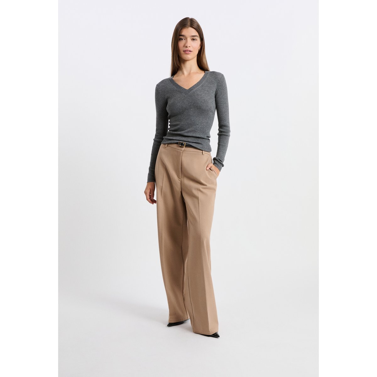Pull col V avec laine LAUCENE V gris, ETAM