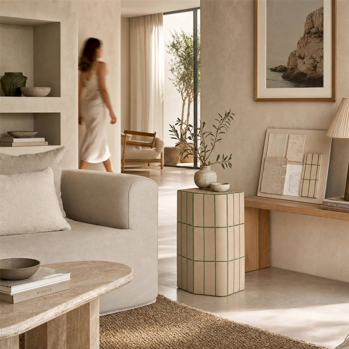 Table d'appoint céramique collection VACIO beige et vert mat, RECOLLECTION