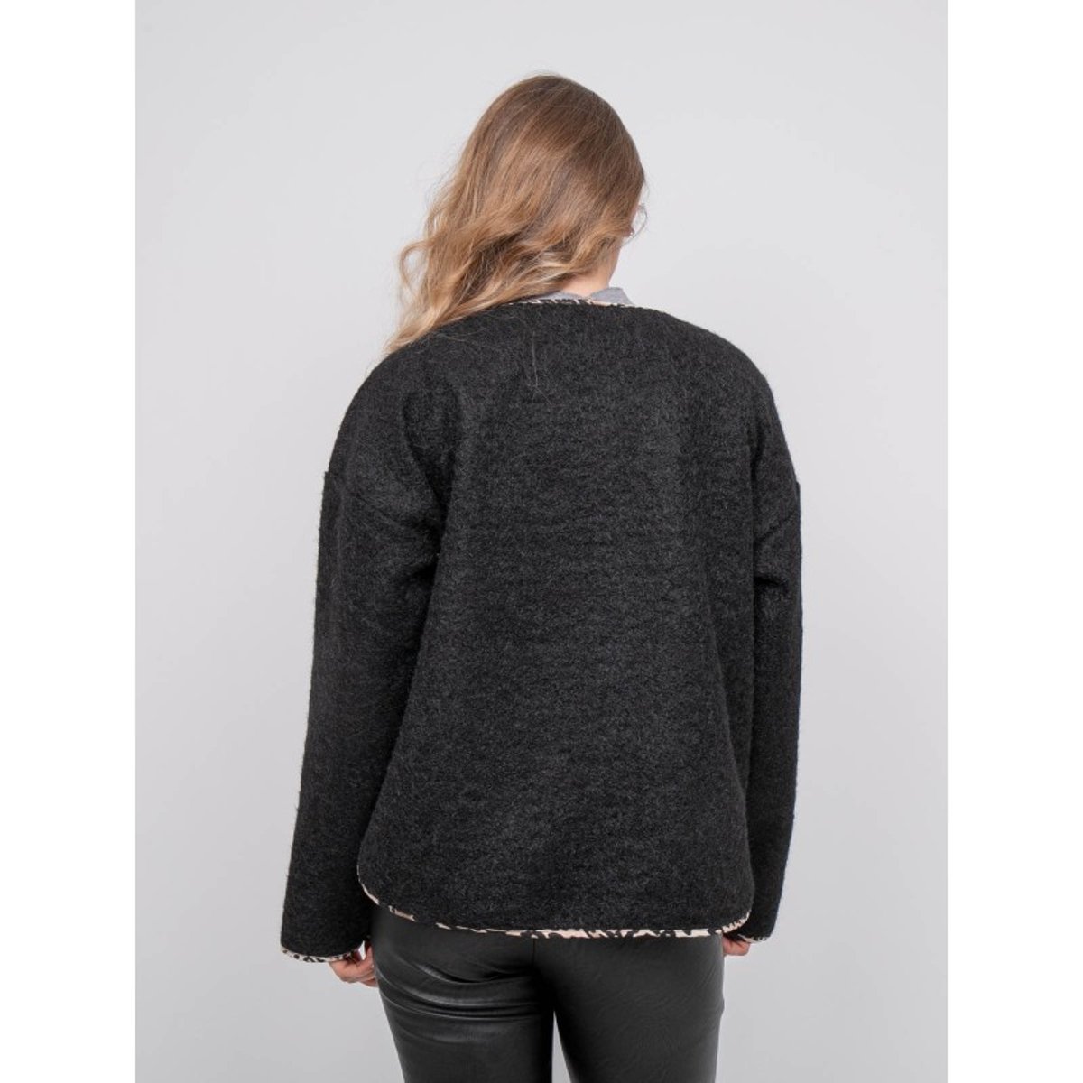 Veste Courte En Lainage Bouclé Biais Léopard Ubila noir, DONA LISA