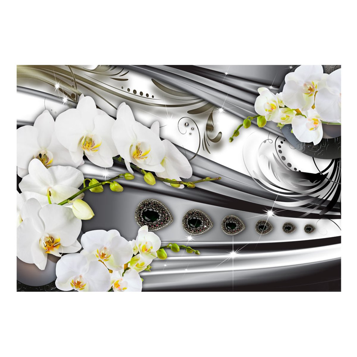 Papier peint intissé panoramique Fleurs Orchids & jewelry noir, EDEN