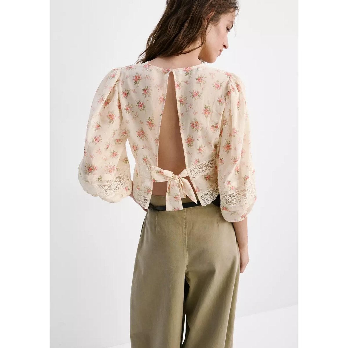 Blouse dentelle fleurie rose, MANGO