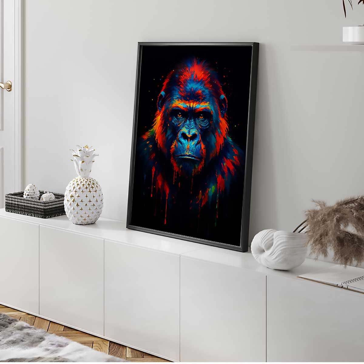 Affiche encadrée gorille art multicolore affiche + cadre en métal - noir, HEXOA