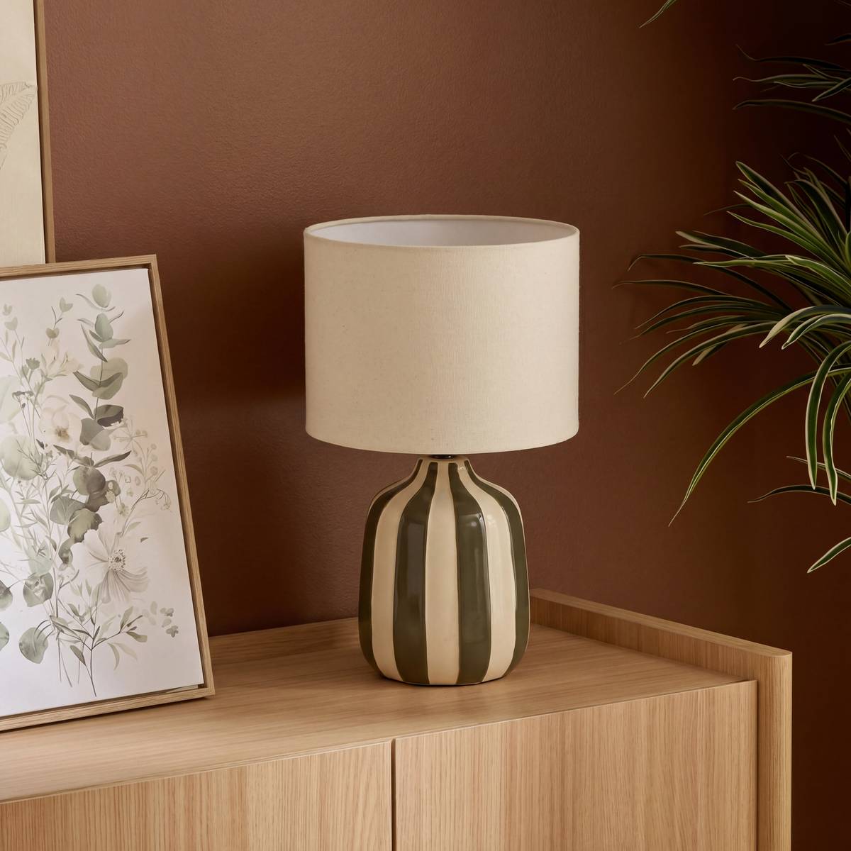 Lampe cylindrique en lin VILMA vert kaki, ATMOSPHERA