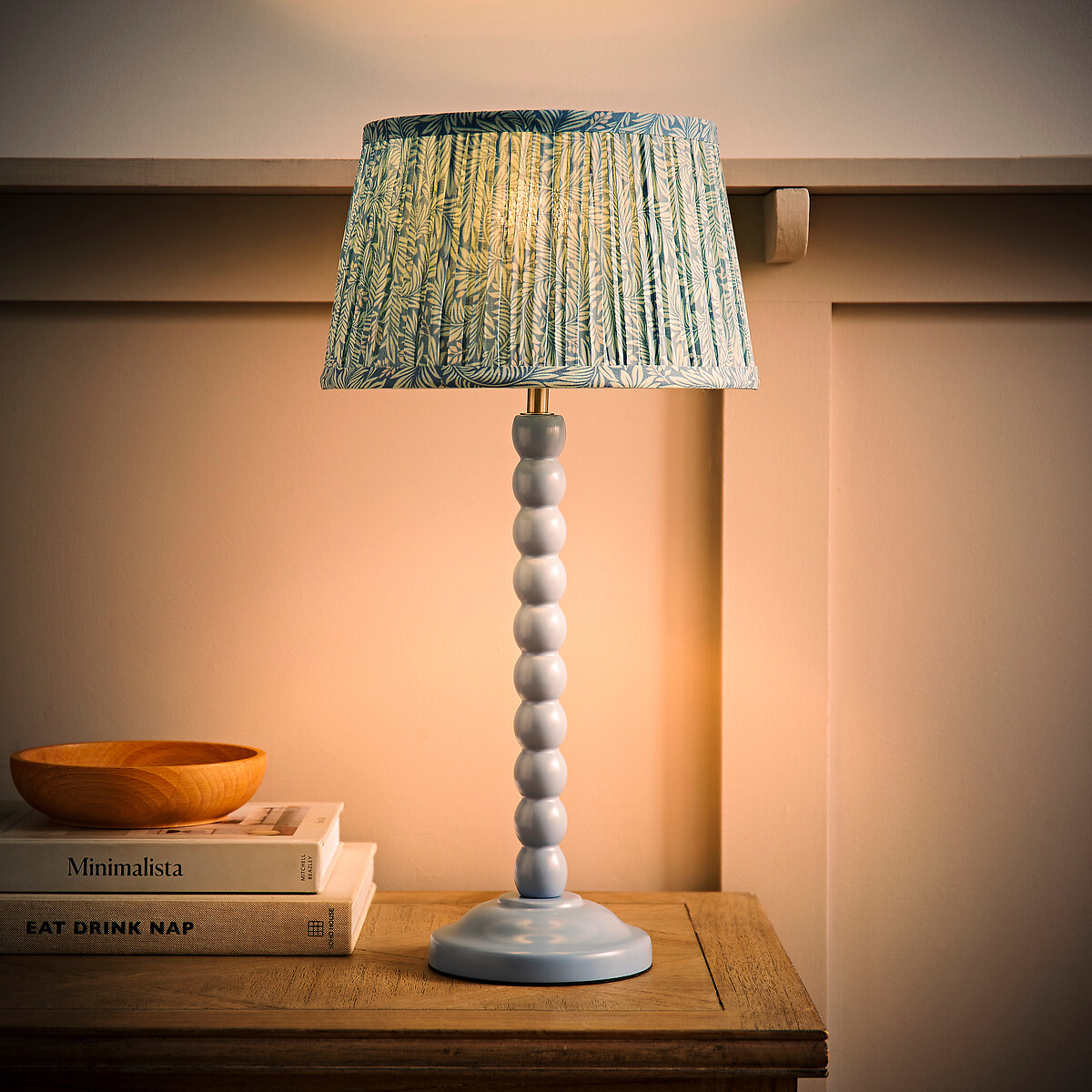 Bobbie Painted Bobbin Table Lamp with Leaf Pleated Shade blue, SO'HOME