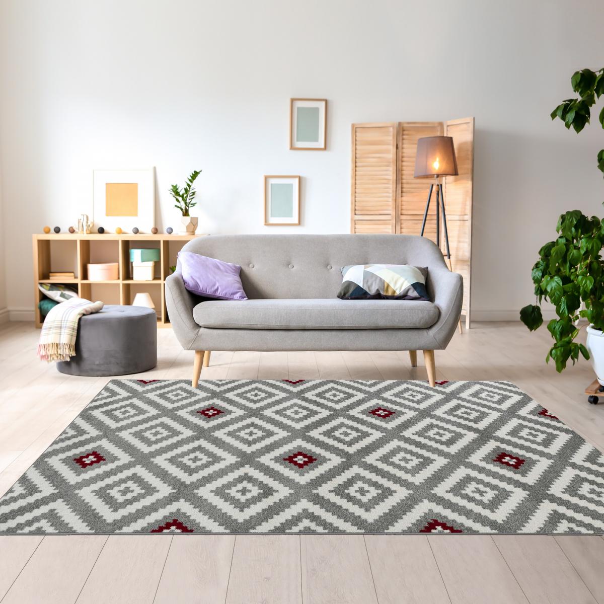 Tapis salon et chambre tissé motif géométrique EFELON 1 rouge, gris, blanc, UN AMOUR DE TAPIS