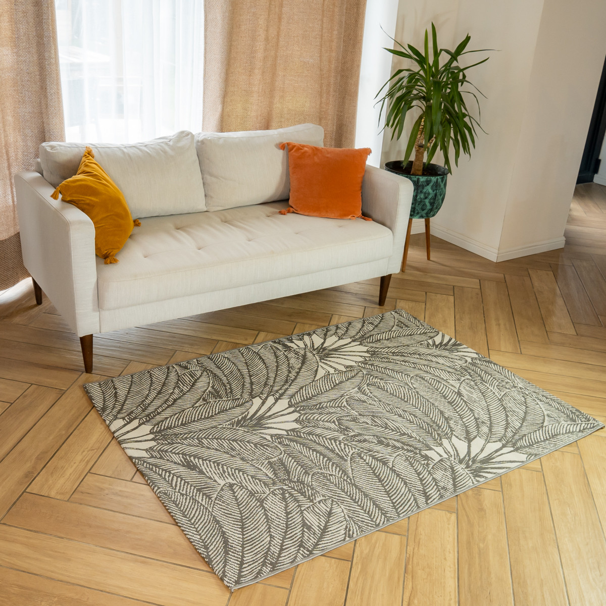 Tapis déco intérieur et extérieur palmiers PALMA gris, FUTURE HOME