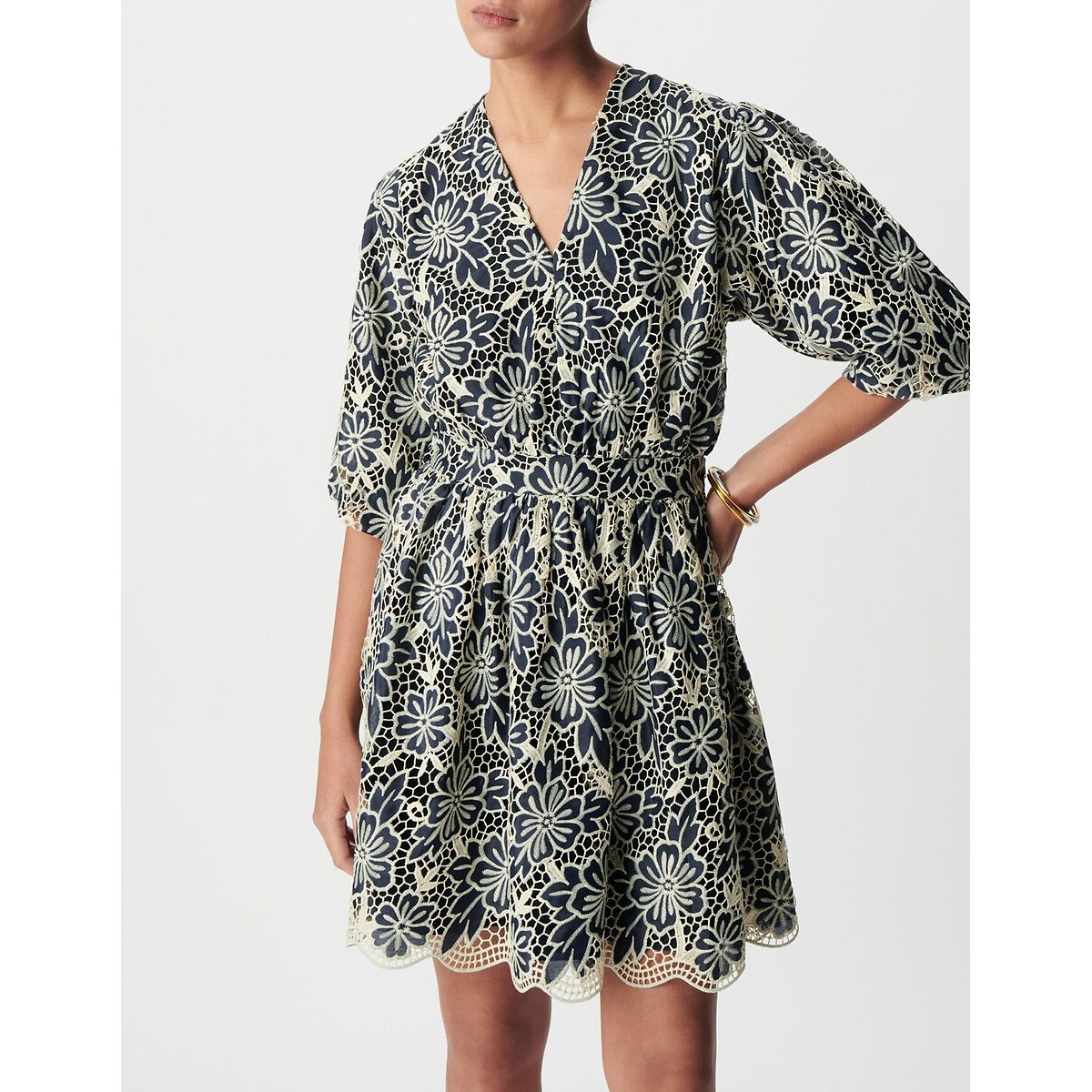 Printed Short Sleeve V-Neck Full Mini Dress navy, IKKS