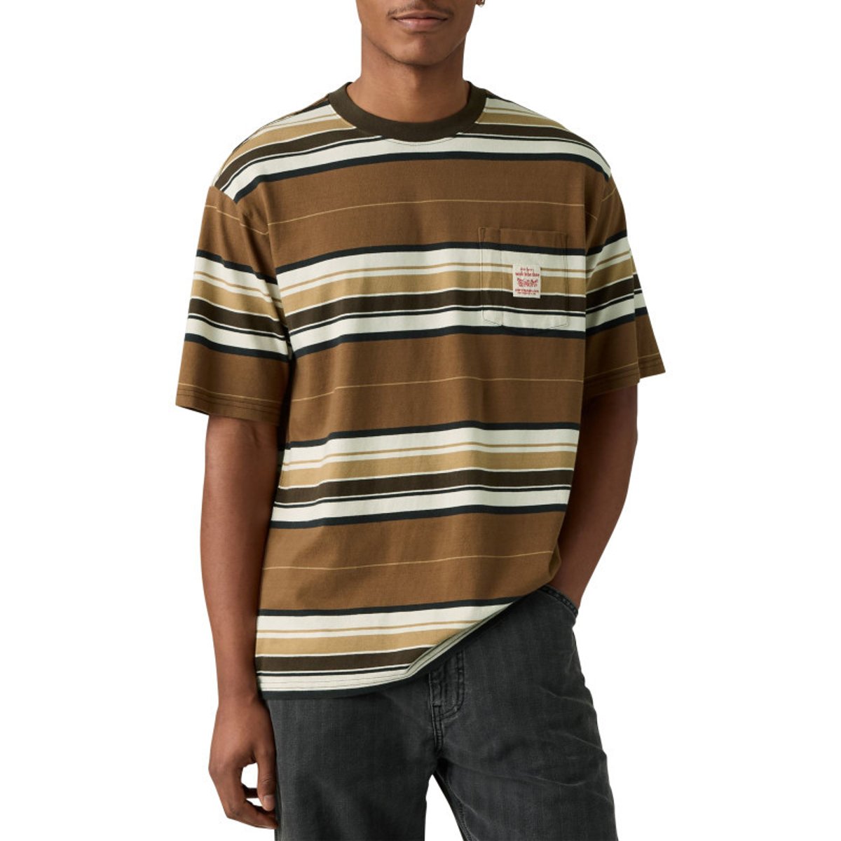 T-shirt marron en coton avec un imprimé fantaisie rayé et des manches courtes marron, LEVI'S