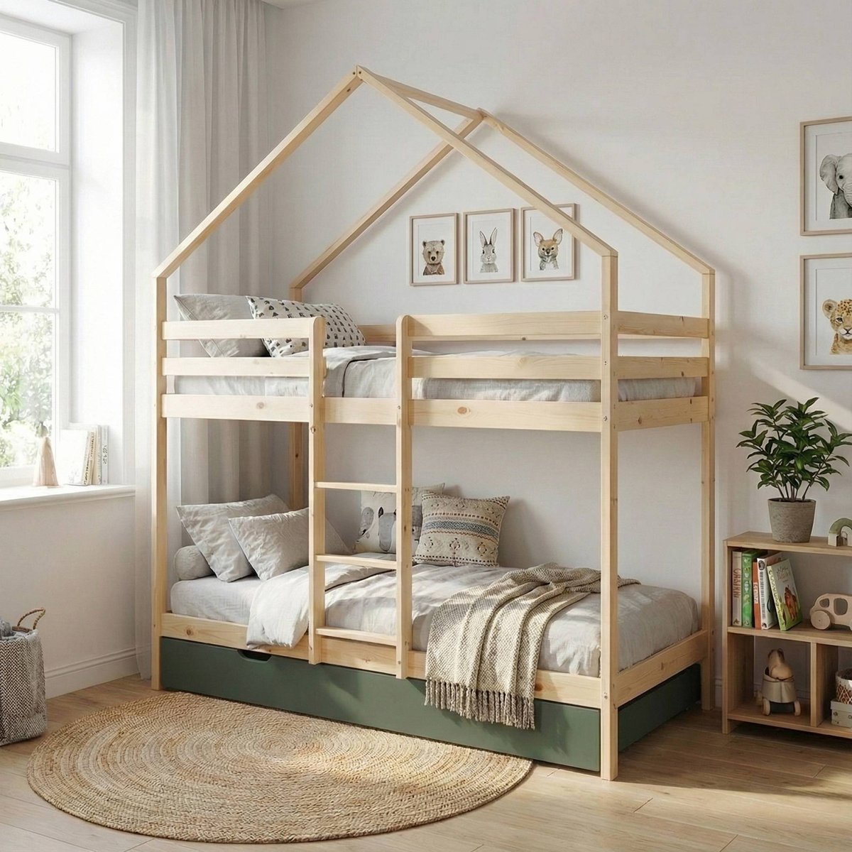 Lit enfant superposé cabane 90 x 190 cm pin naturel avec lit tiroir ROYA blanc, SWEEEK