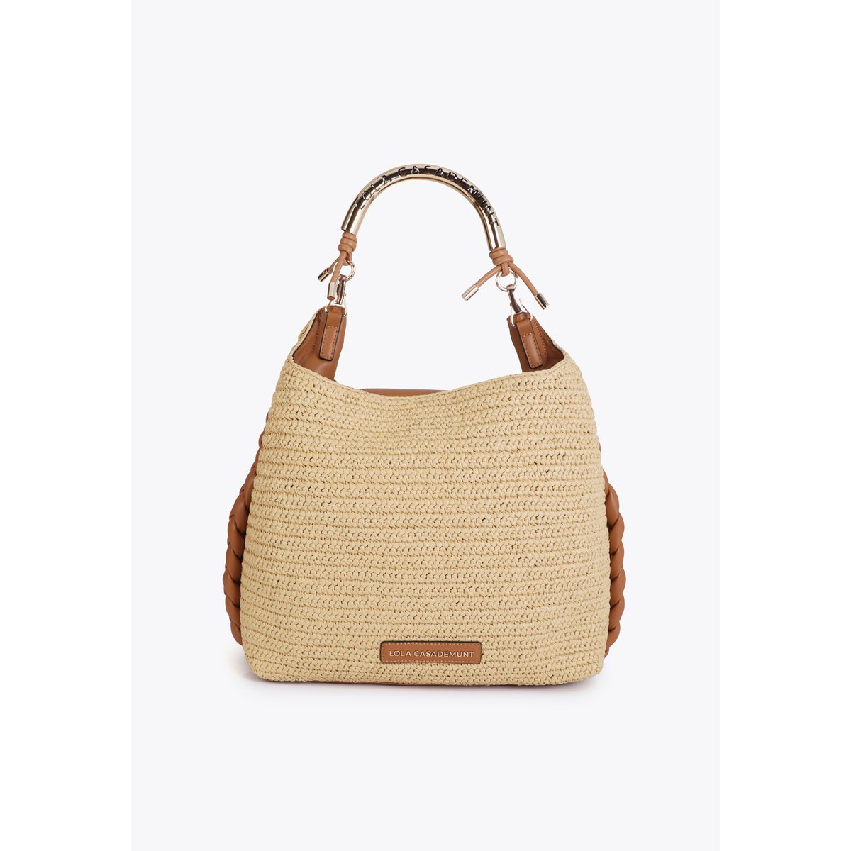 Sac à main effet raphia à poignée rigide siglée et motif tressé beige, LOLA CASADEMUNT