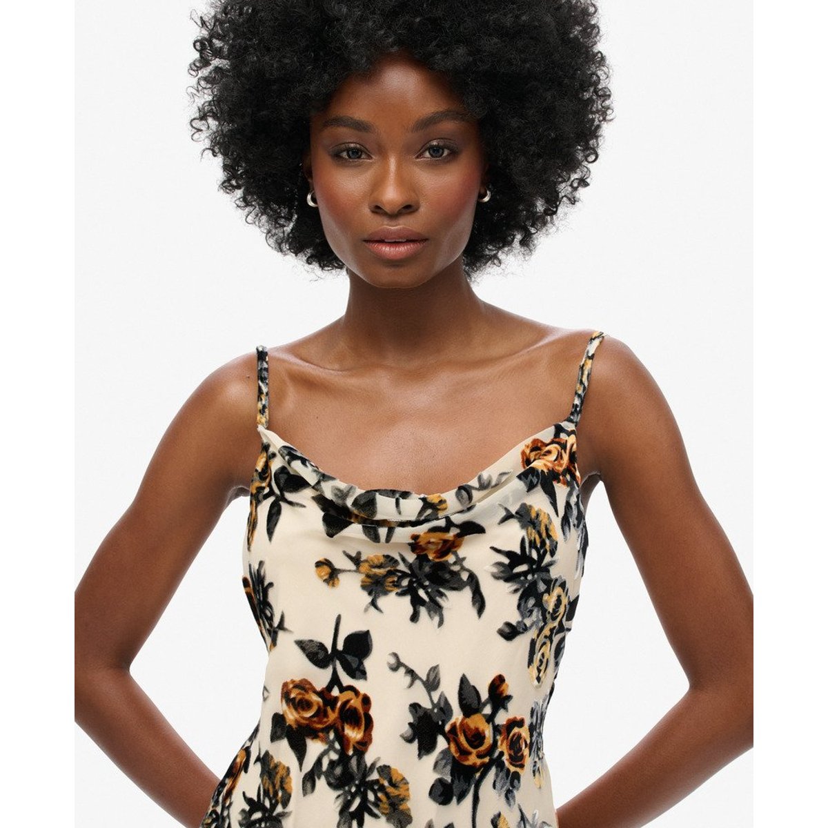 Robe courte en velours dévoré à col bénitier orange brûlé floral, SUPERDRY