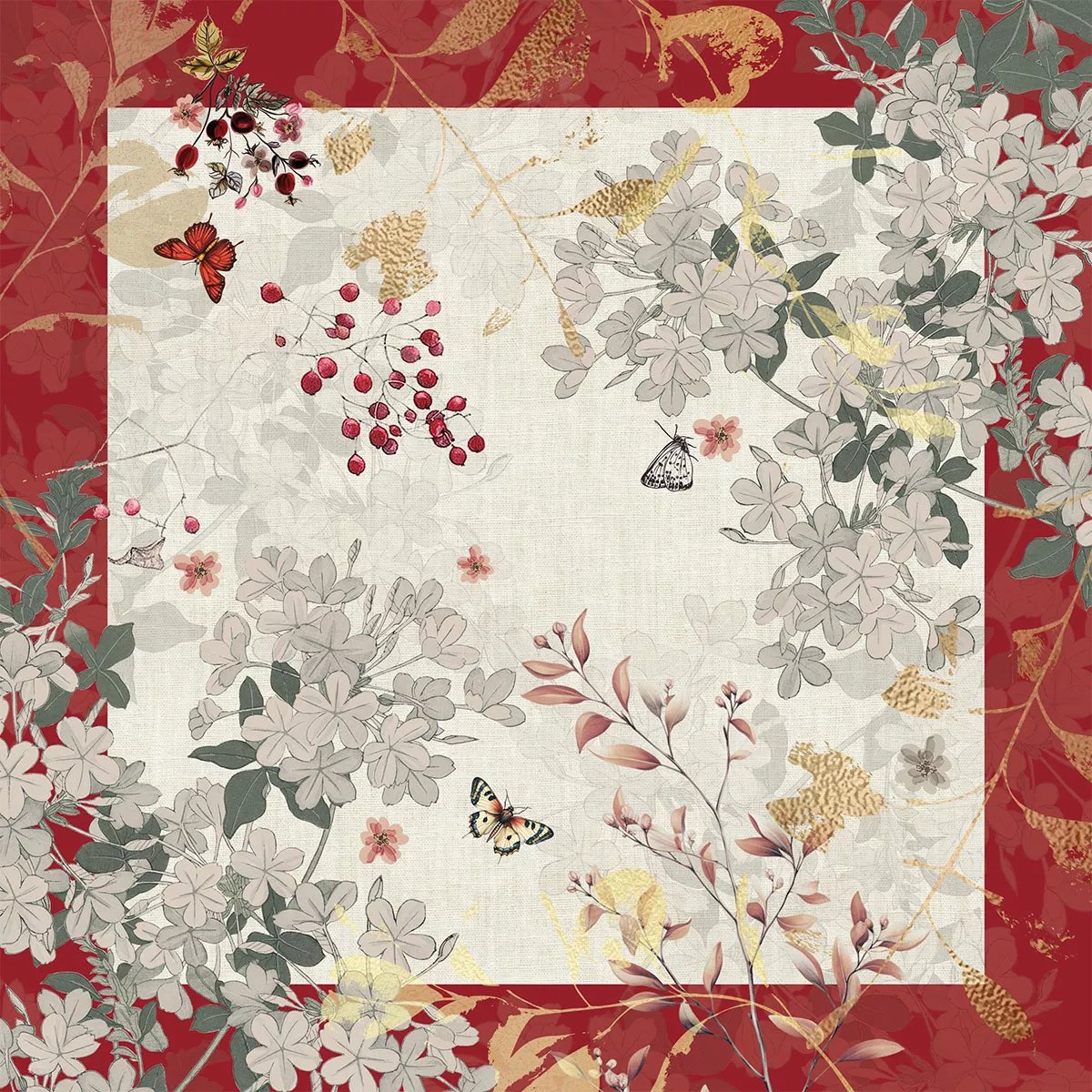 Serviette lin & coton lavé VINTAGE FLOWERS cranberry, GARNIER THIEBAUT