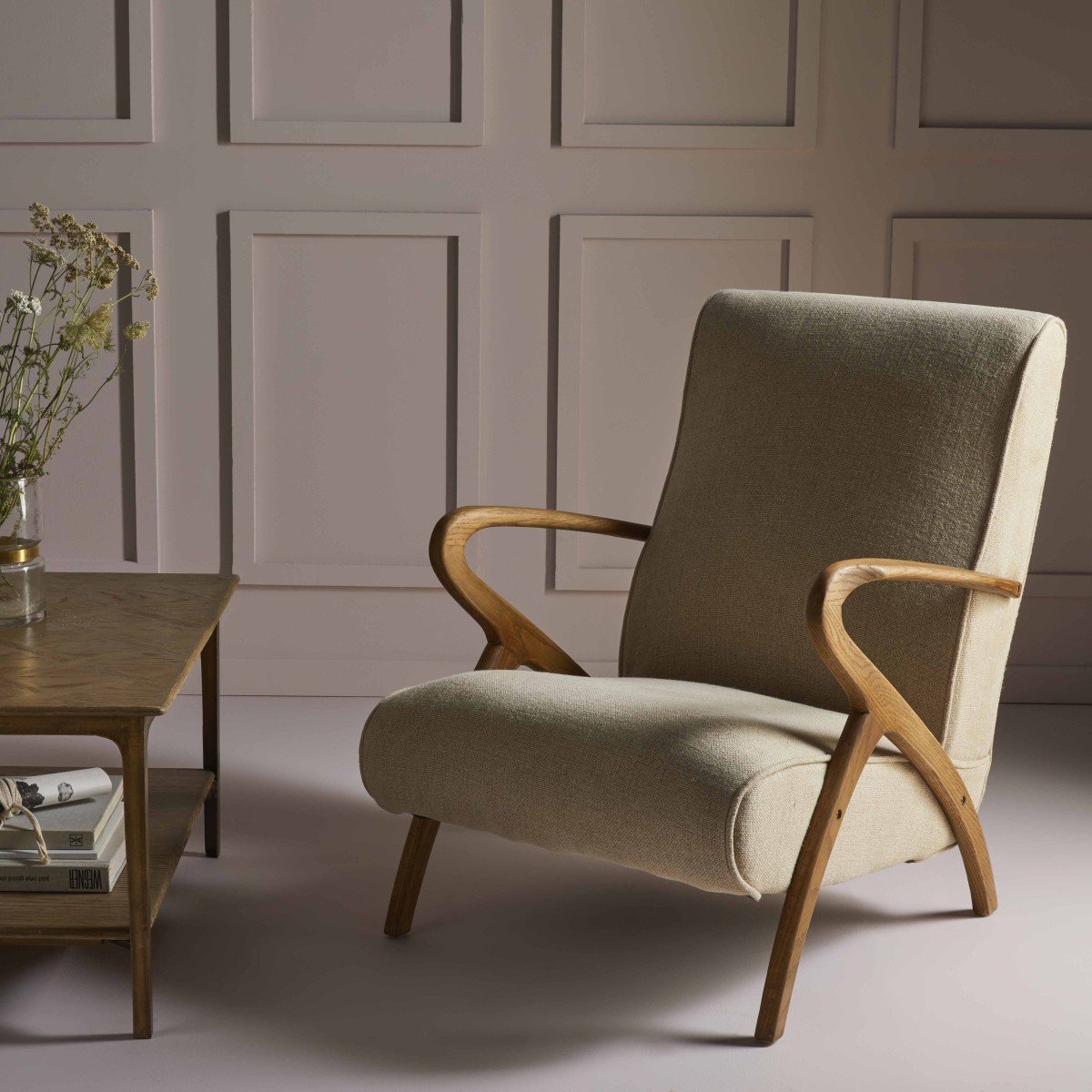 Fauteuil de salon en chêne et assise en lin - Jean beige, CALICOSY
