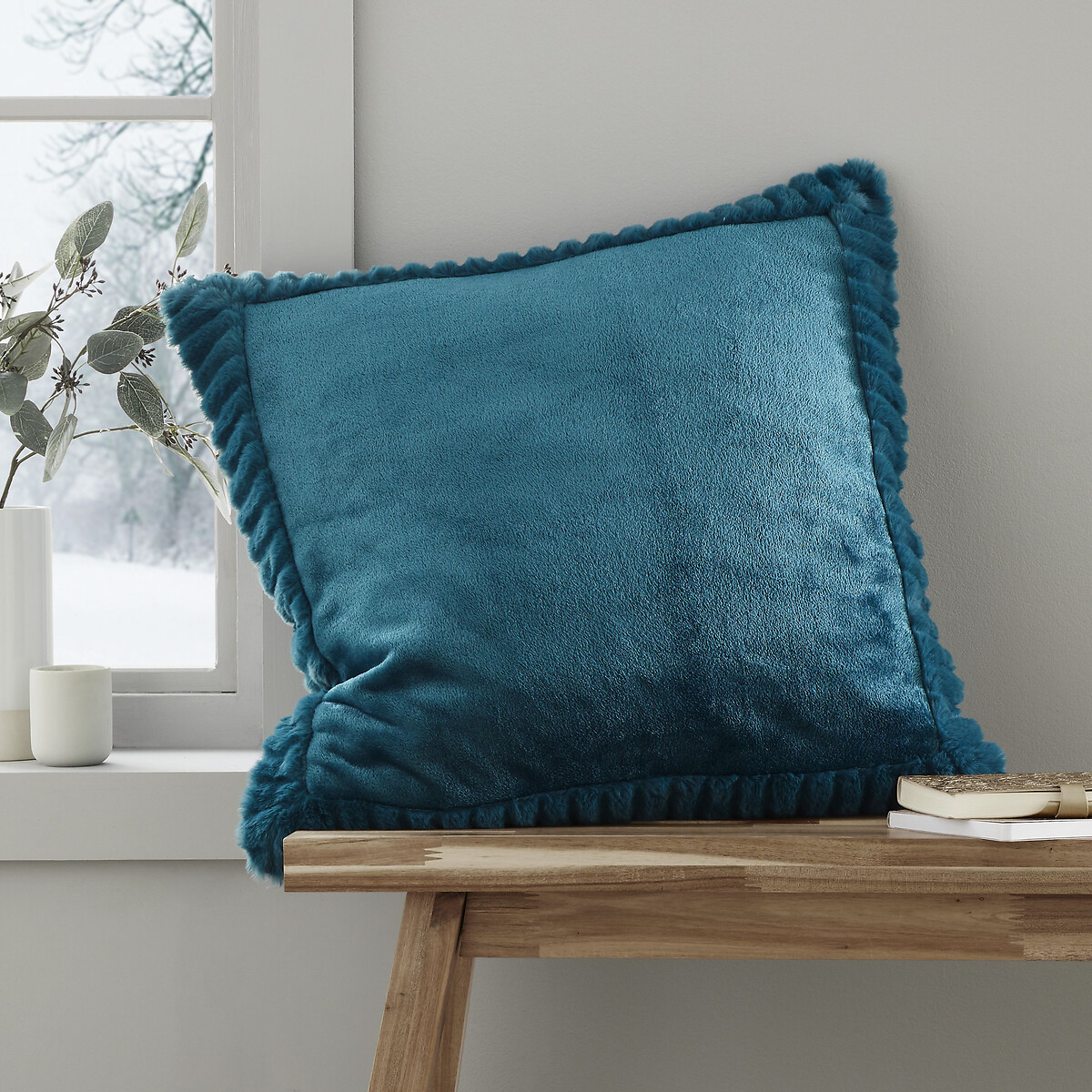 Velvet And Faux Fur Cushion teal, CATHERINE LANSFIELD