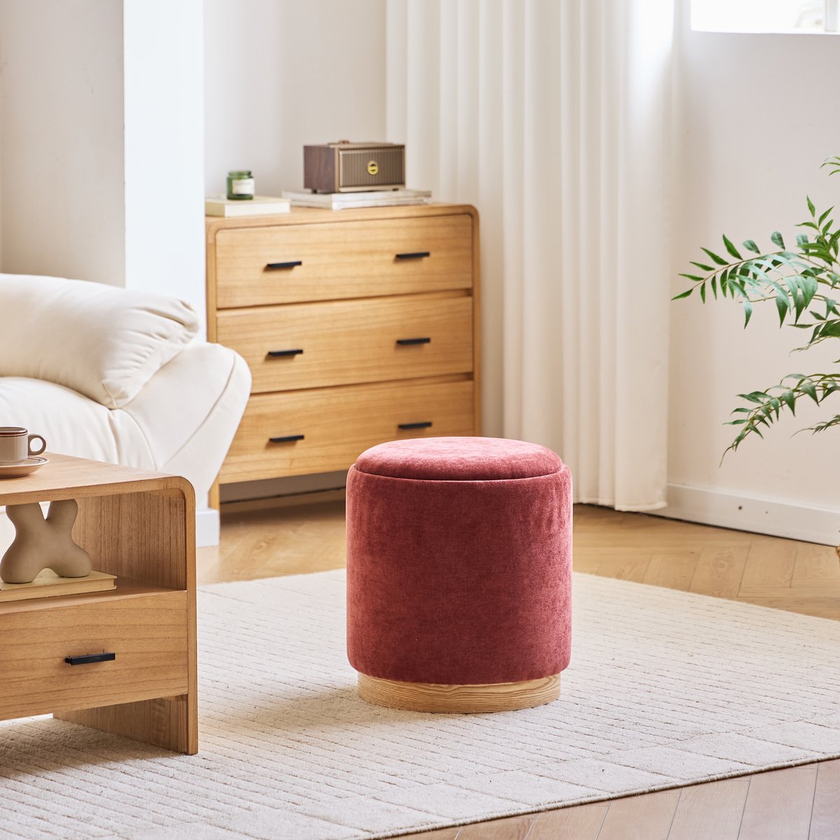 Pouf avec rangement, tissu et bois, KEMI terracotta, NORDLYS