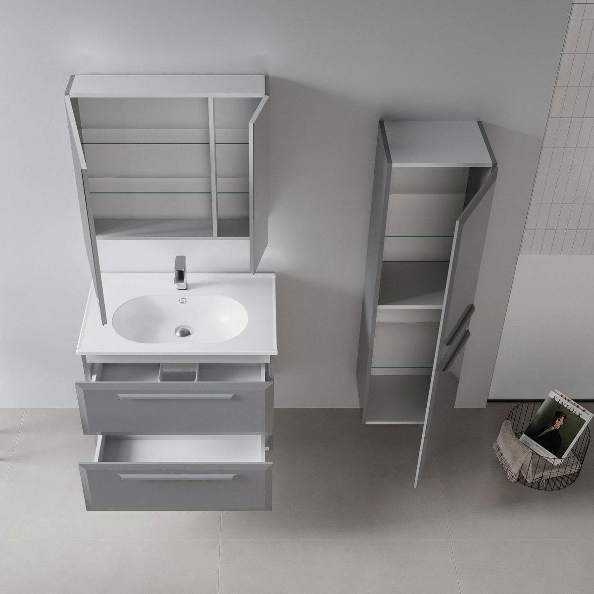 Meuble vasque à suspendre 80 cm 2 tiroirs NEREE gris, PIER IMPORT